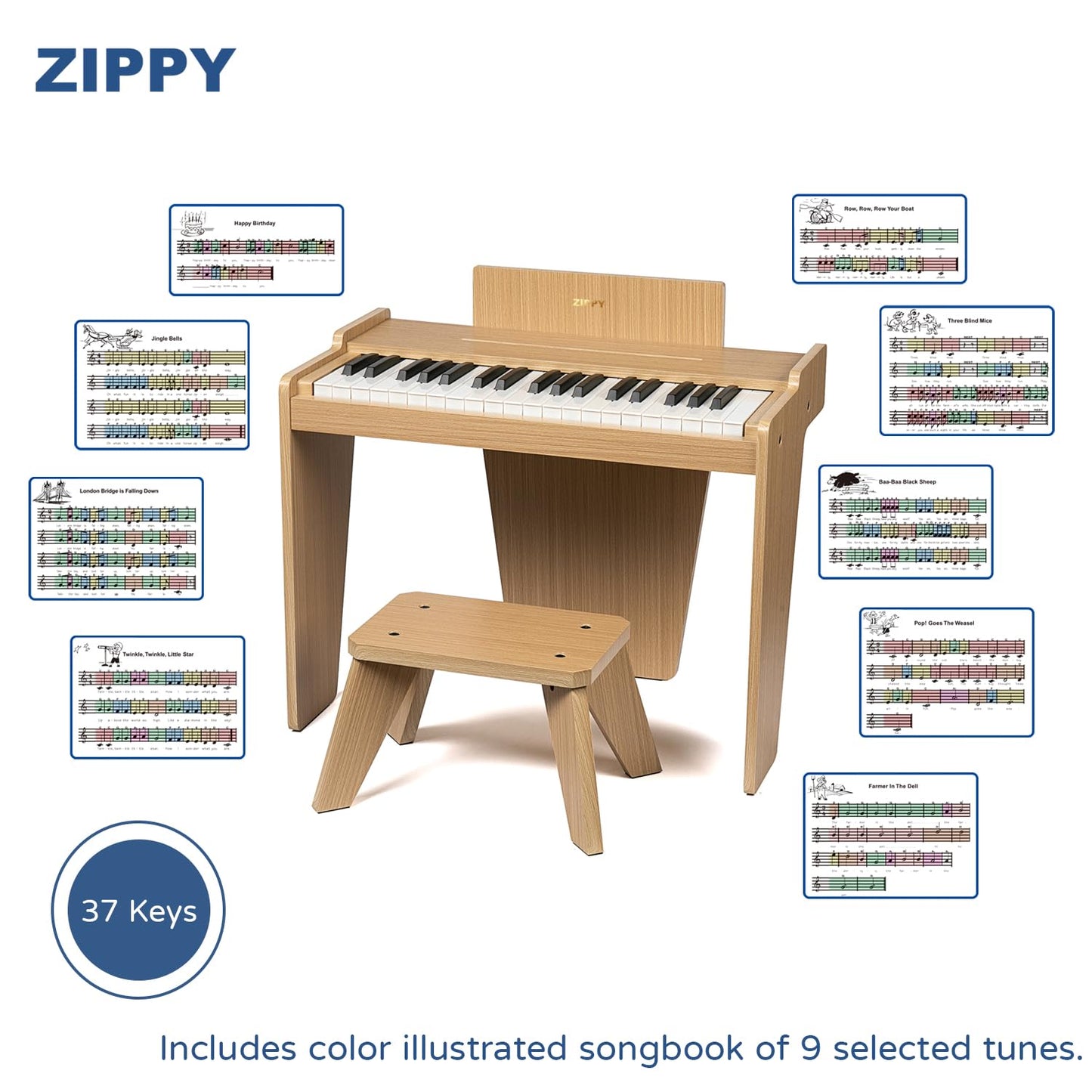 ZIPPY Kids Piano Keyboard — 37 Keys Digital Wood Piano for Kids 3+ | Oak Basic