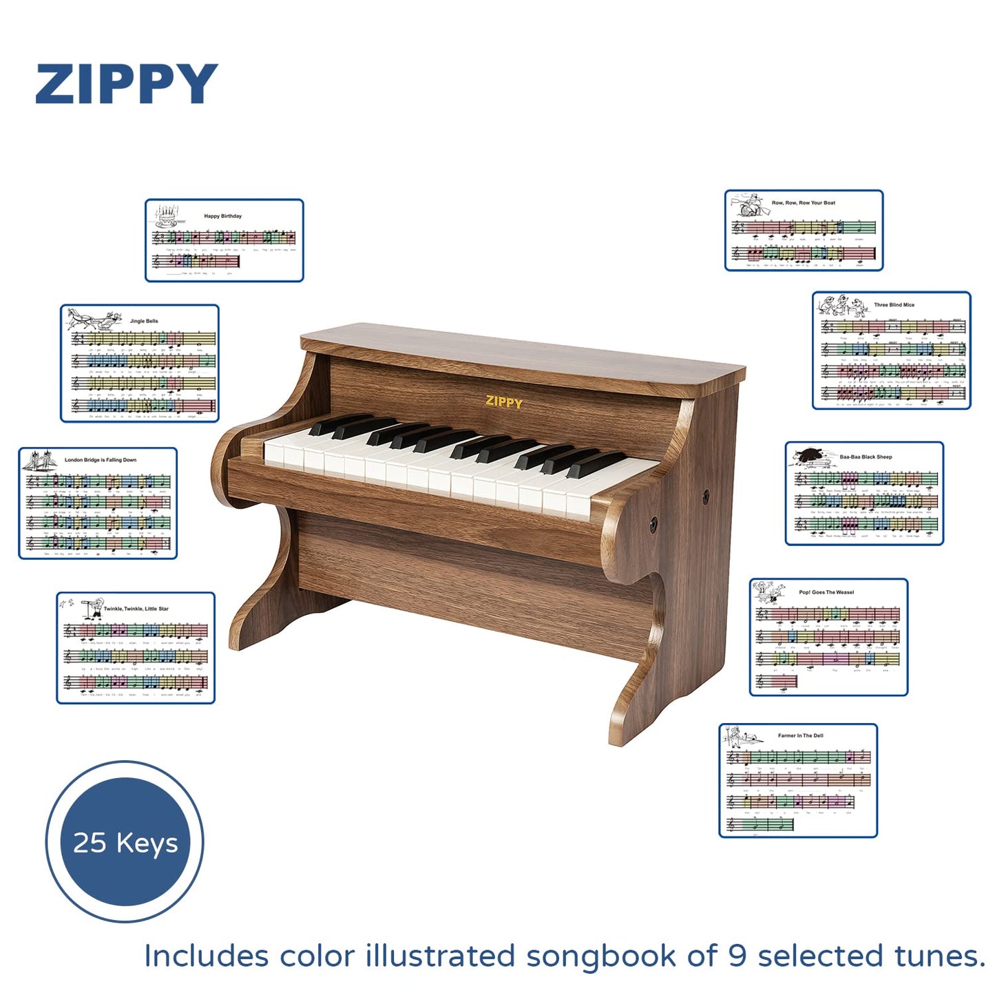 ZIPPY Kids Piano Keyboard — 25 Keys Wooden Toy Piano in Walnut