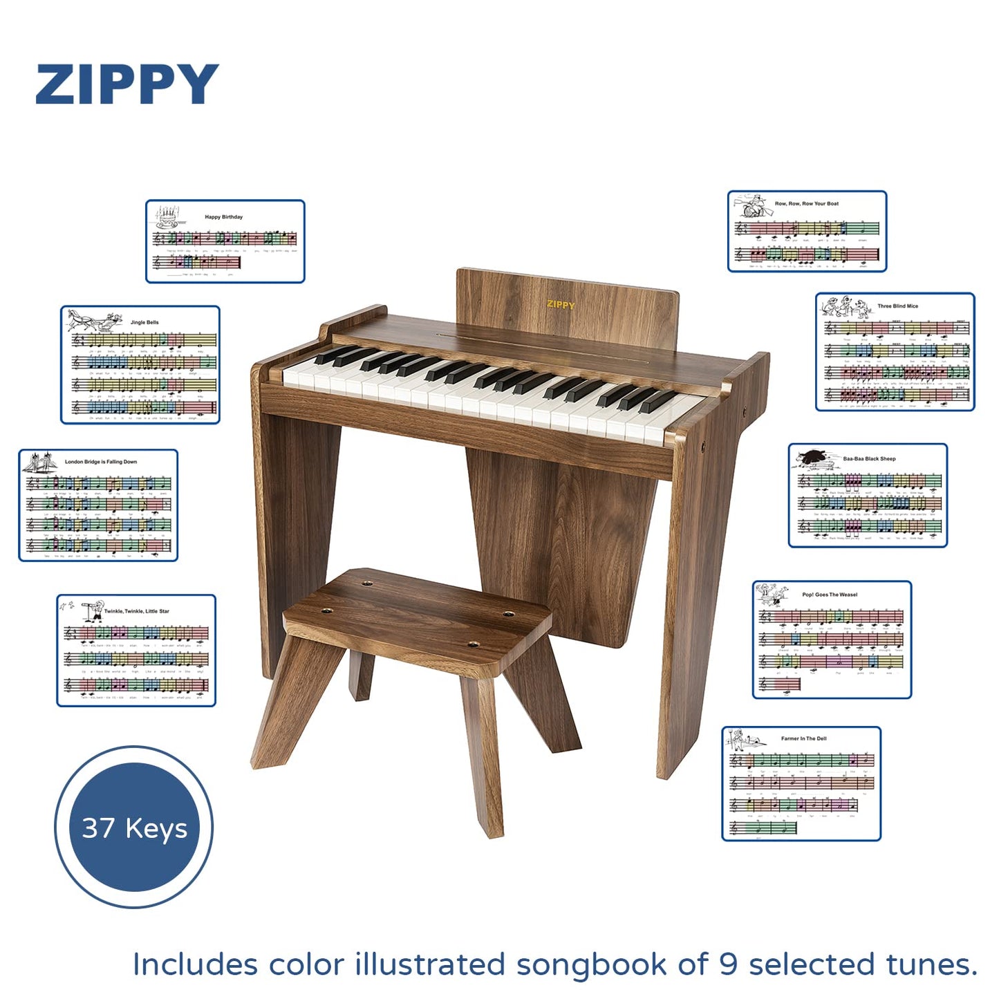 ZIPPY Kids Piano Keyboard — 37 Keys Digital Piano for Kids (Walnut Basic)