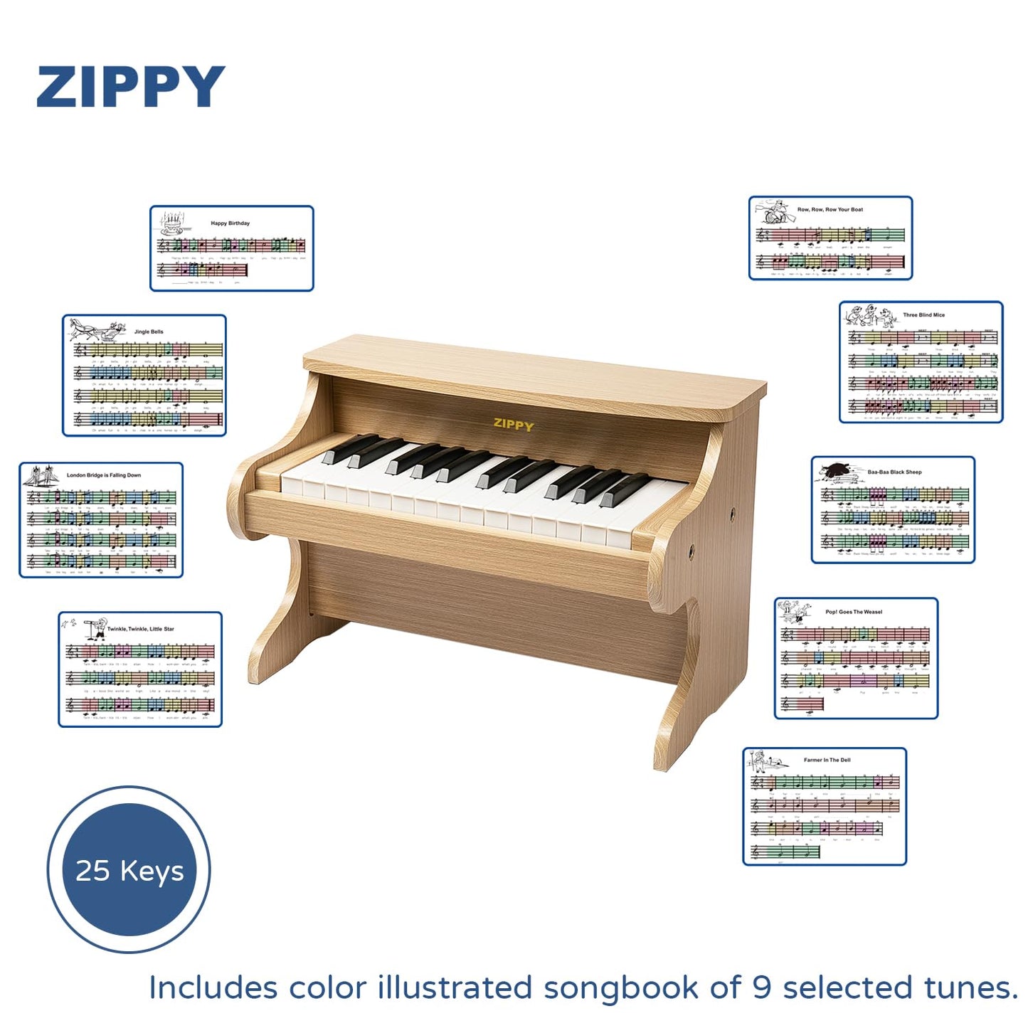 ZIPPY Kids Piano Keyboard – 25-Key Wooden Digital Piano for Kids (Oak)
