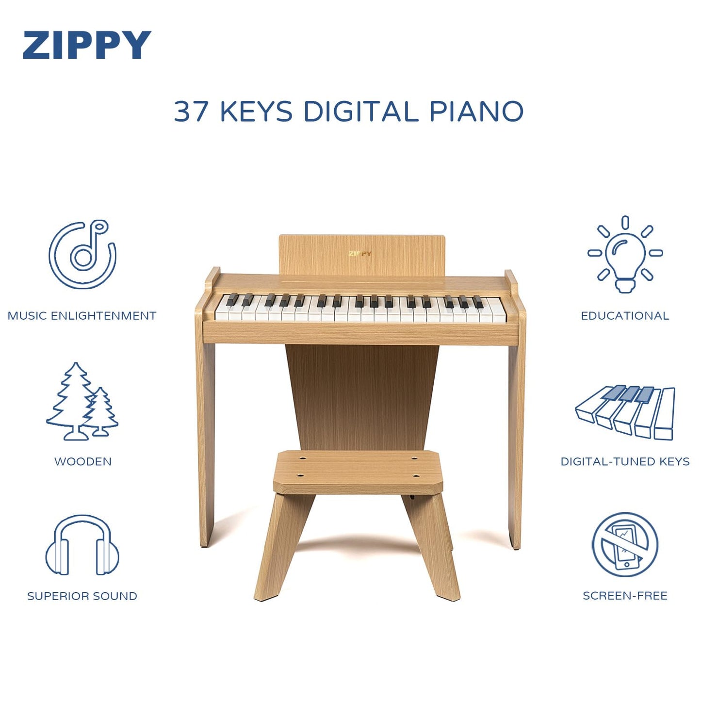 ZIPPY Kids Piano Keyboard — 37 Keys Digital Wood Piano for Kids 3+ | Oak Basic