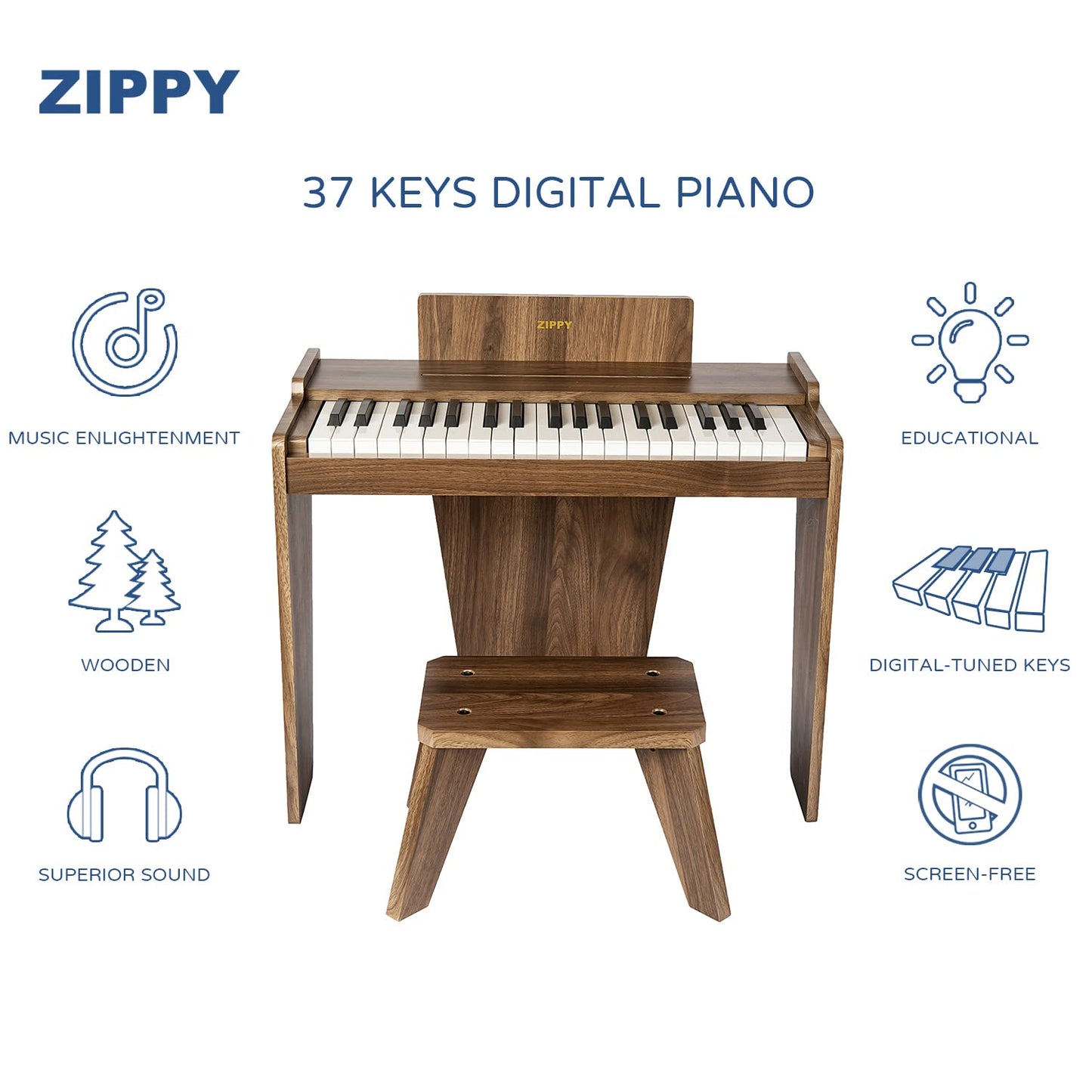 ZIPPY Kids Piano Keyboard — 37 Keys Digital Piano for Kids (Walnut Basic)