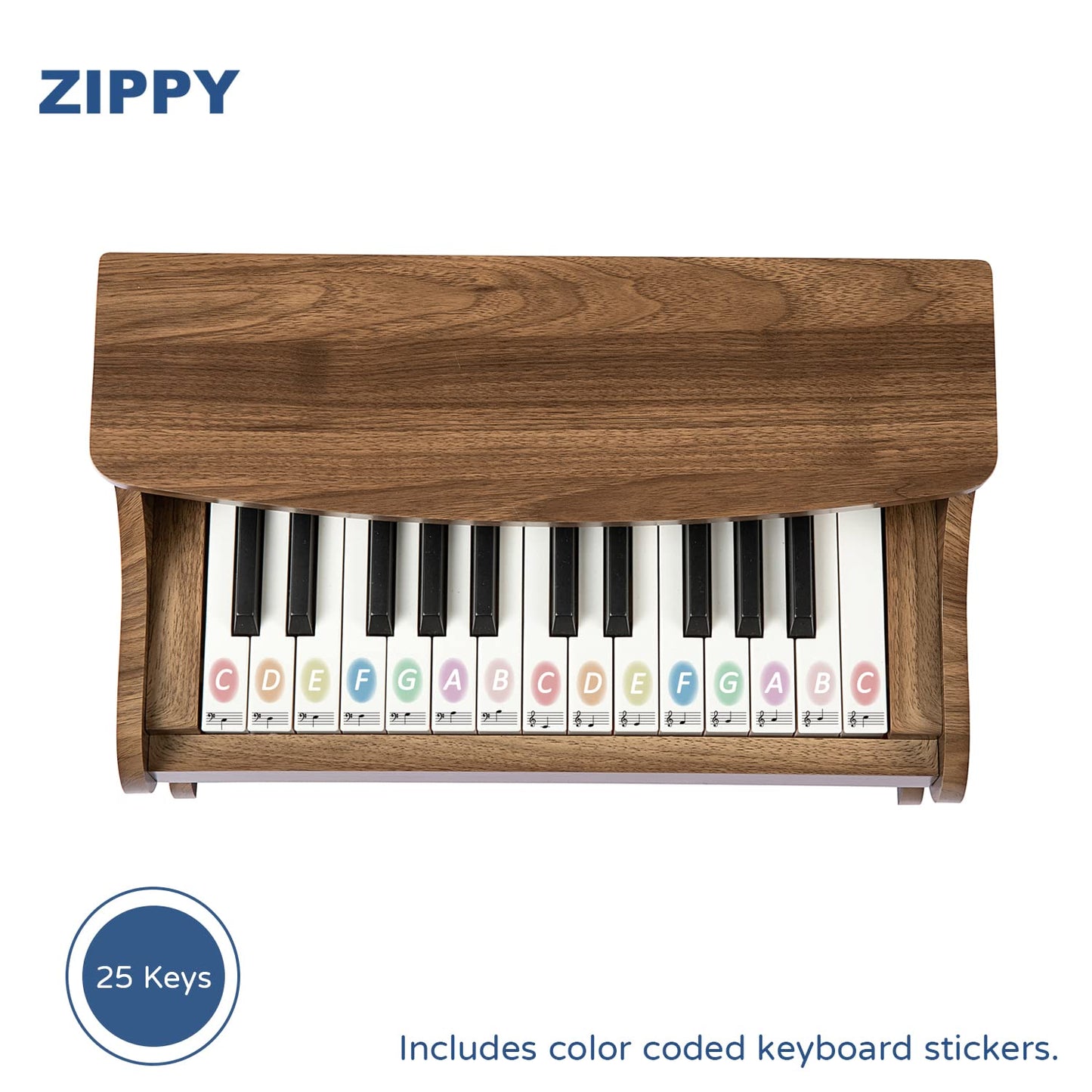 ZIPPY Kids Piano Keyboard — 25 Keys Wooden Toy Piano in Walnut