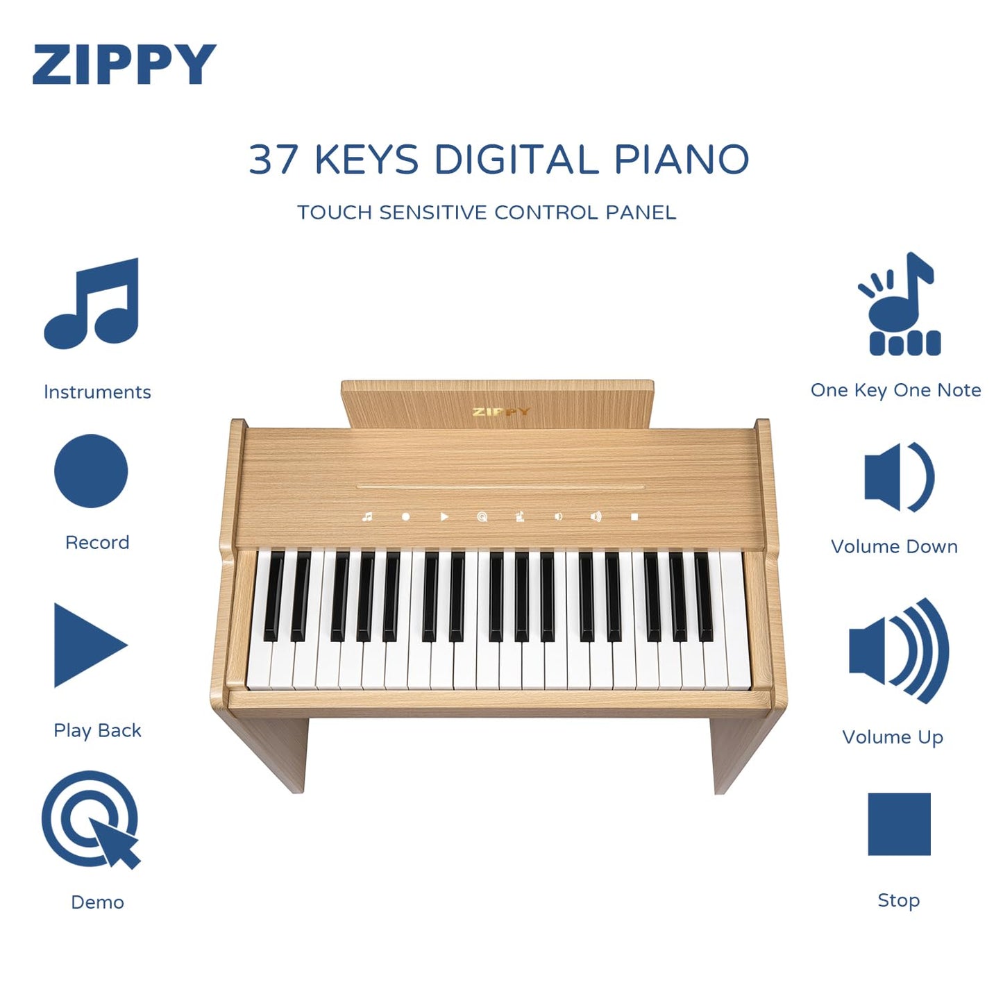 ZIPPY Kids Piano Keyboard – 37 Keys, Touch Panel, Built-in Songs (Oak Plus)