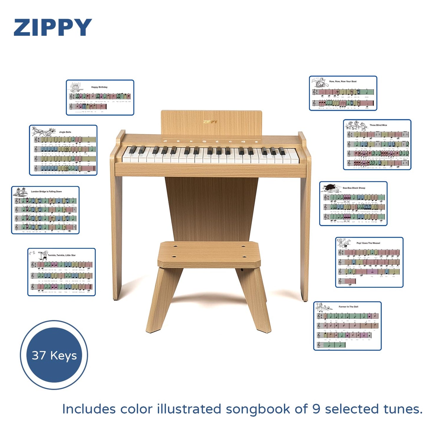 ZIPPY Kids Piano Keyboard – 37 Keys, Touch Panel, Built-in Songs (Oak Plus)