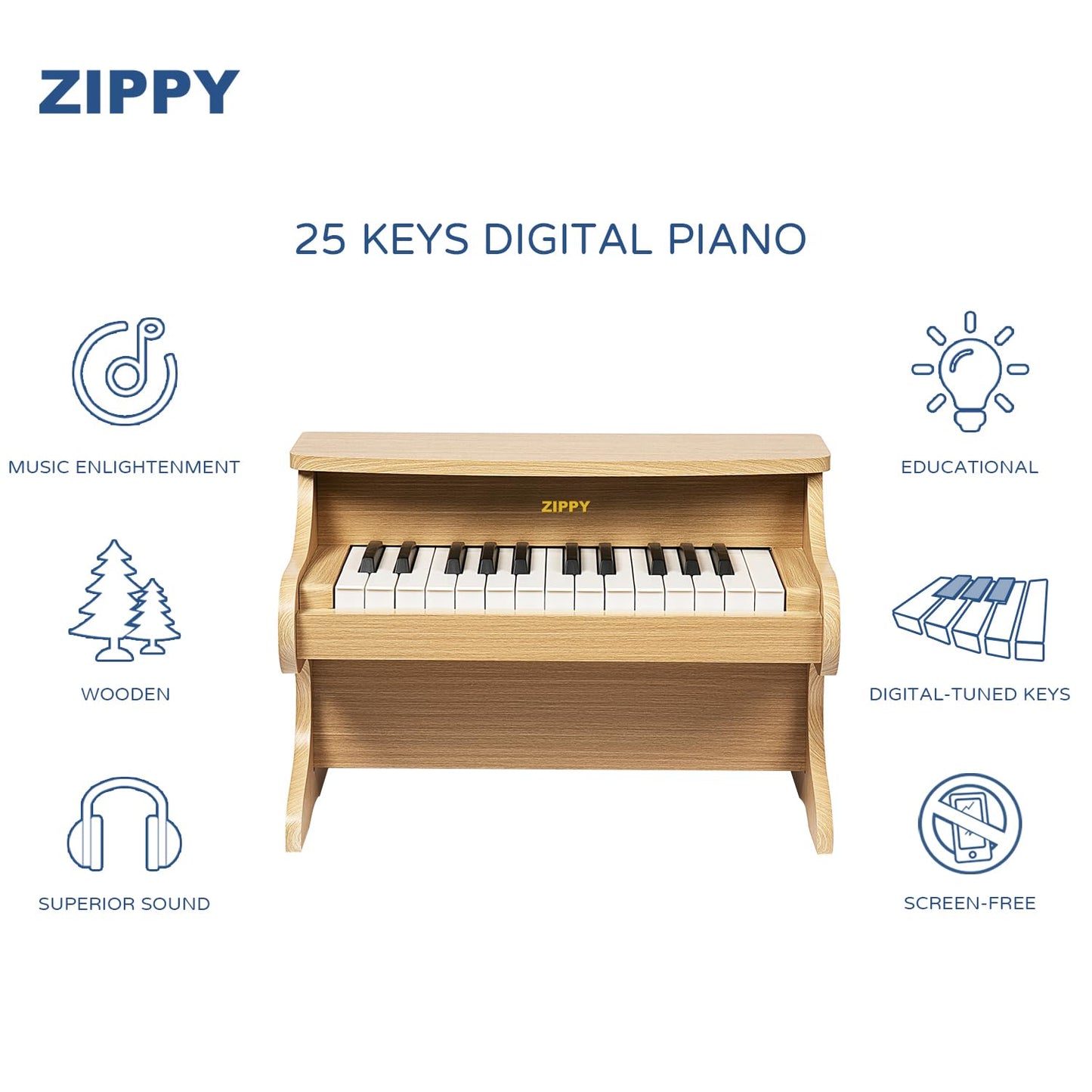 ZIPPY Kids Piano Keyboard – 25-Key Wooden Digital Piano for Kids (Oak)