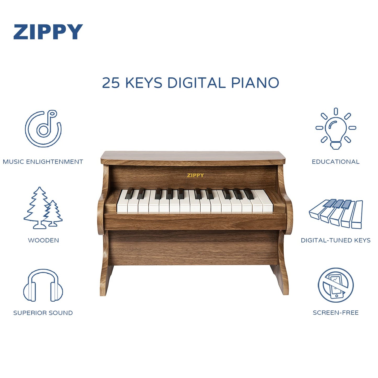 ZIPPY Kids Piano Keyboard — 25 Keys Wooden Toy Piano in Walnut