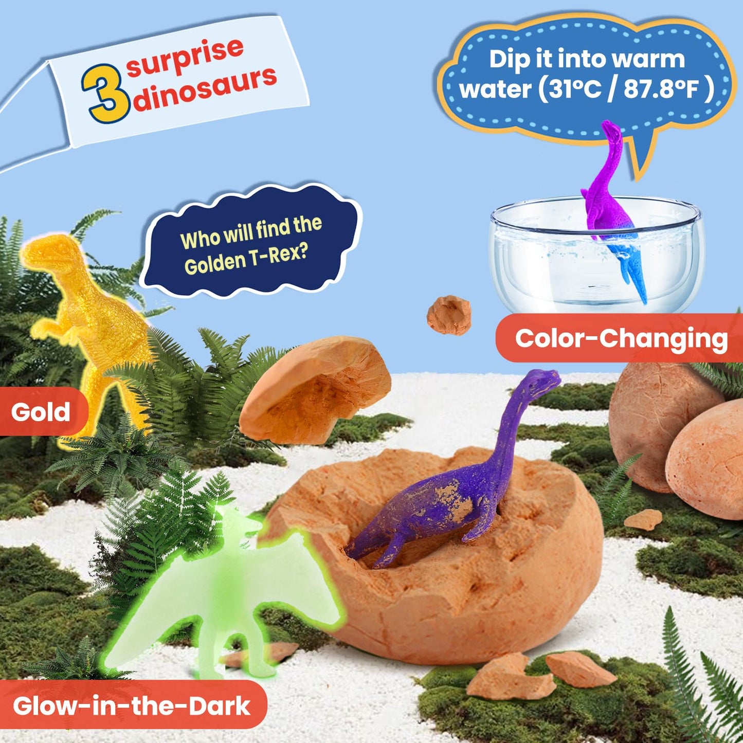Zippytots Dino Egg Dig Kit – 12 Dinosaur Eggs, Glow, Color-Changing Dino & STEM Archaeology Kit for Kids 3-8