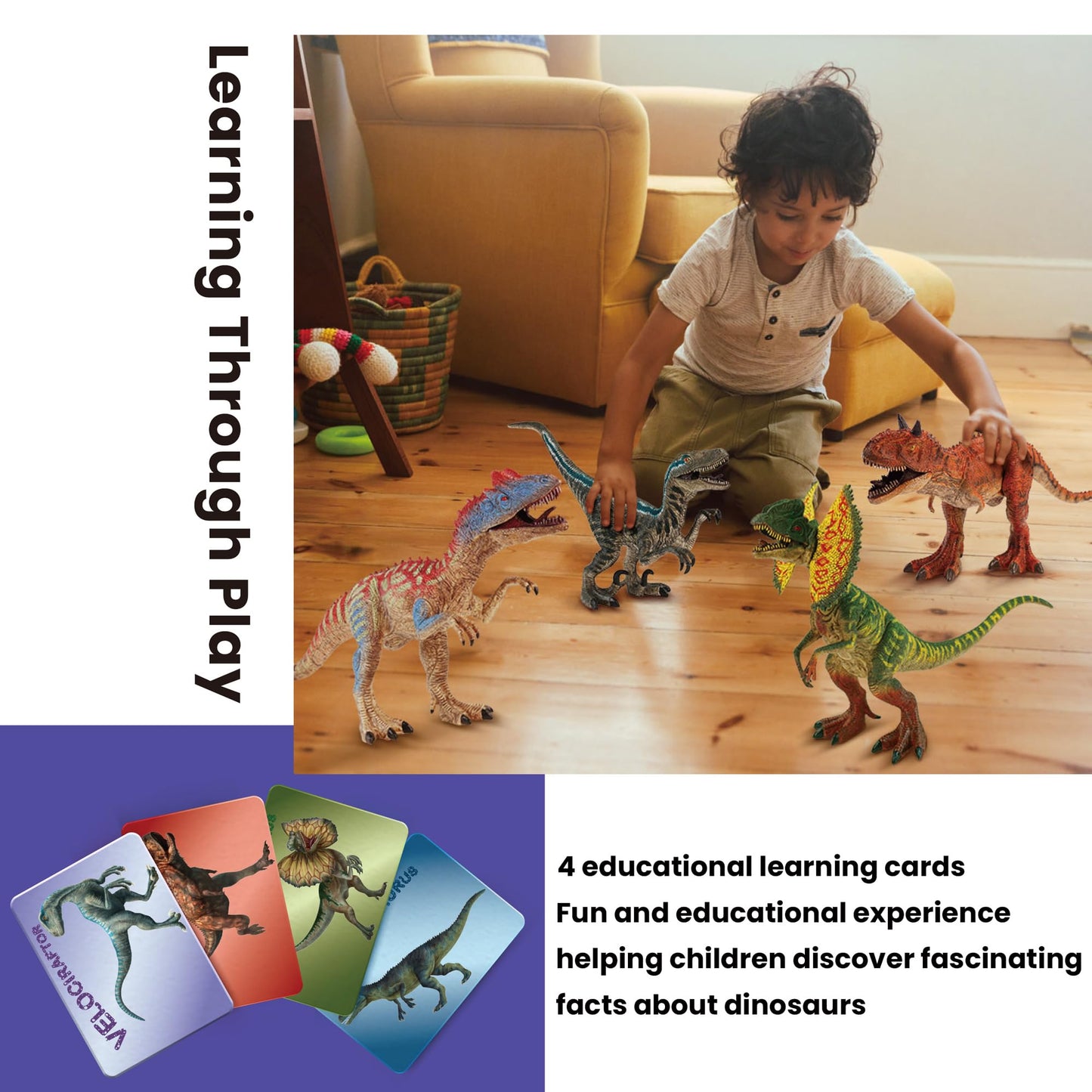 Zippytots 4 Pcs Big Dinosaur Toys for Kids 3-5 | Realistic Figures with Movable Parts & Learning Cards