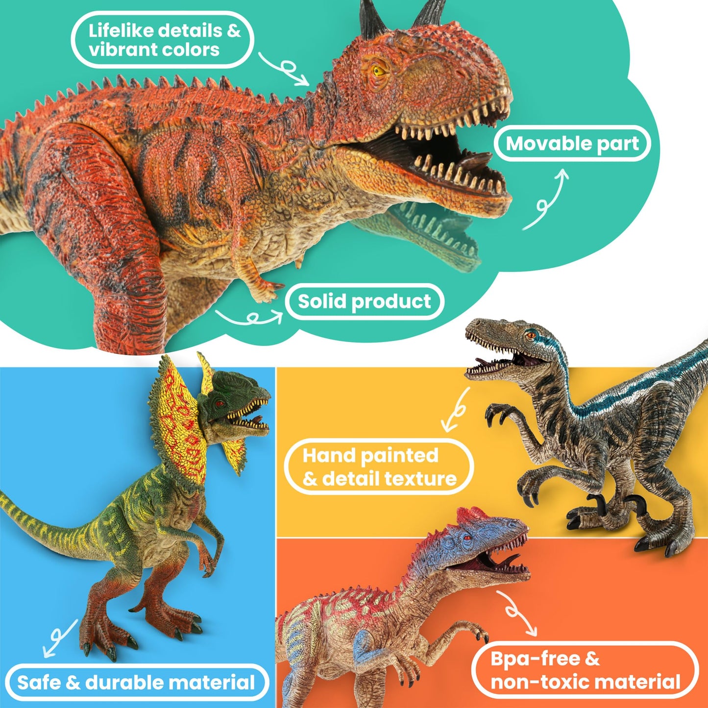 Zippytots 4 Pcs Big Dinosaur Toys for Kids 3-5 | Realistic Figures with Movable Parts & Learning Cards