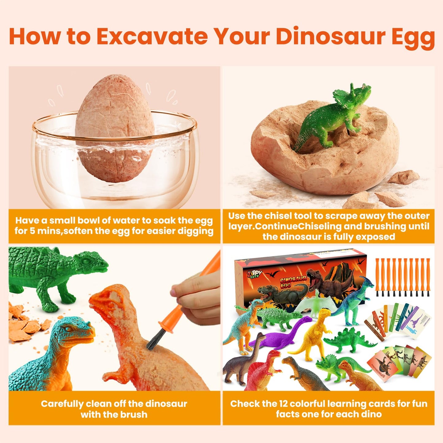 Zippytots Dino Egg Dig Kit – 12 Dinosaur Eggs, Glow, Color-Changing Dino & STEM Archaeology Kit for Kids 3-8