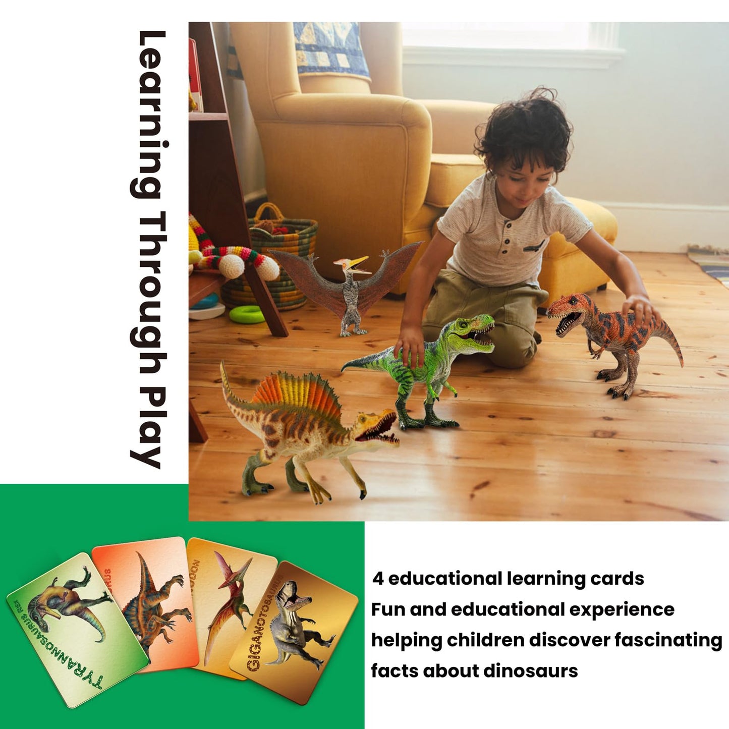 Zippytots 4 PCS Large Dinosaur Toys for Kids 3-5 & 5-7 | Realistic Figures with Movable Parts & Learning Cards