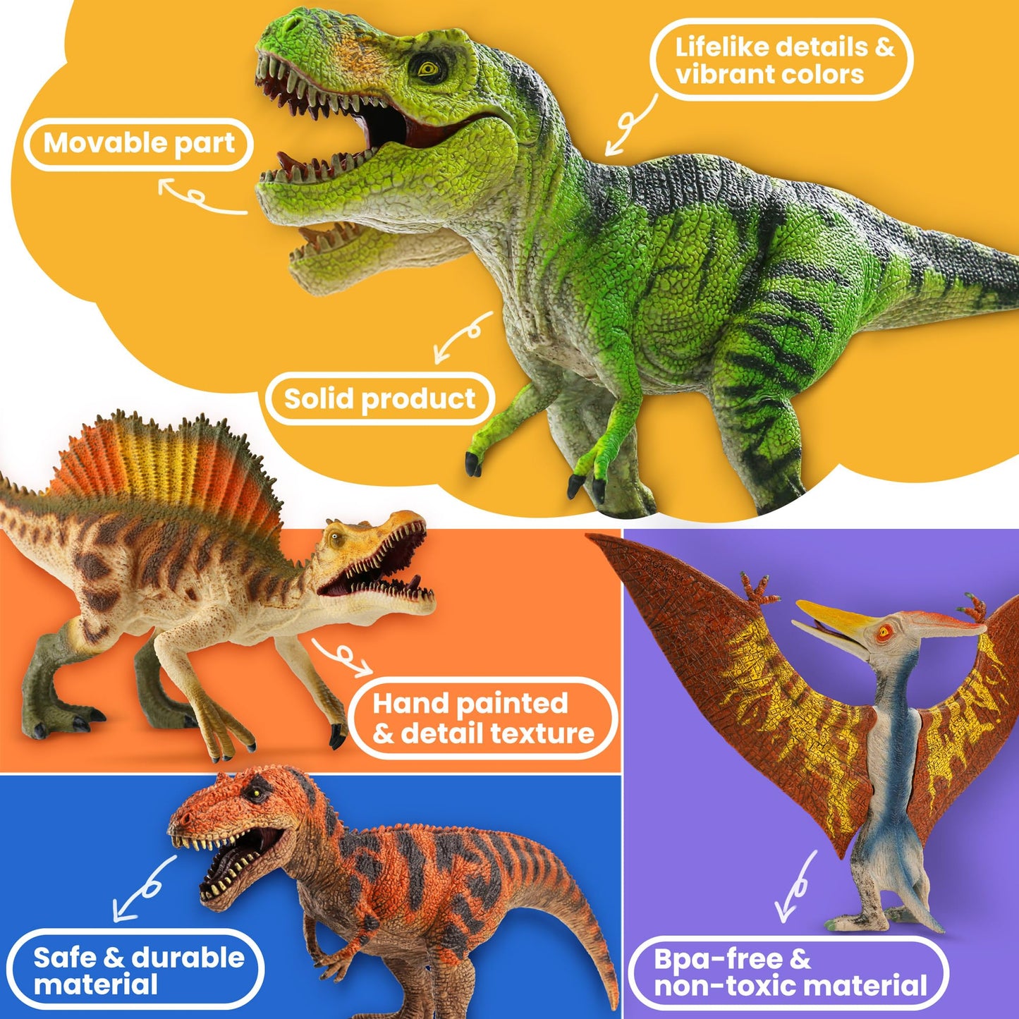 Zippytots 4 PCS Large Dinosaur Toys for Kids 3-5 & 5-7 | Realistic Figures with Movable Parts & Learning Cards