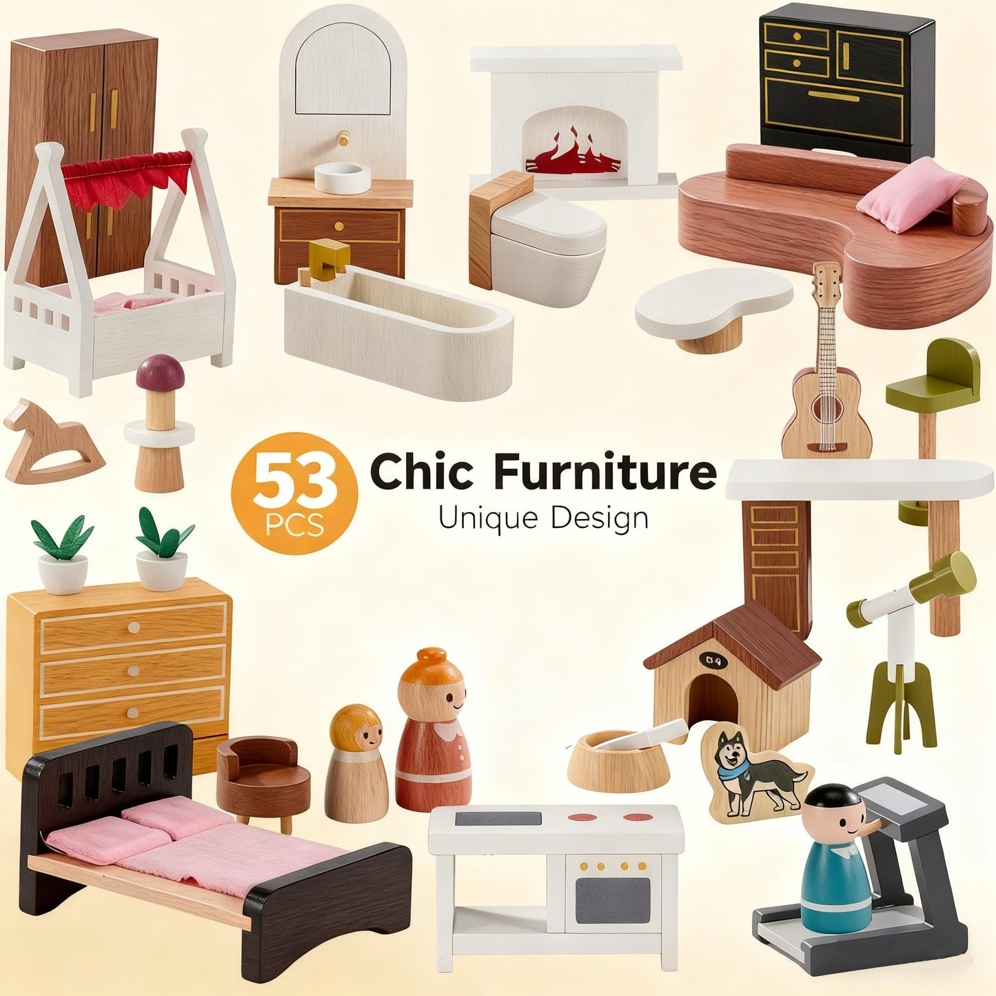 ZippyZebra Wooden Doll House – 6 Rooms, 53-Piece Furniture, Spiral Staircase & Balcony