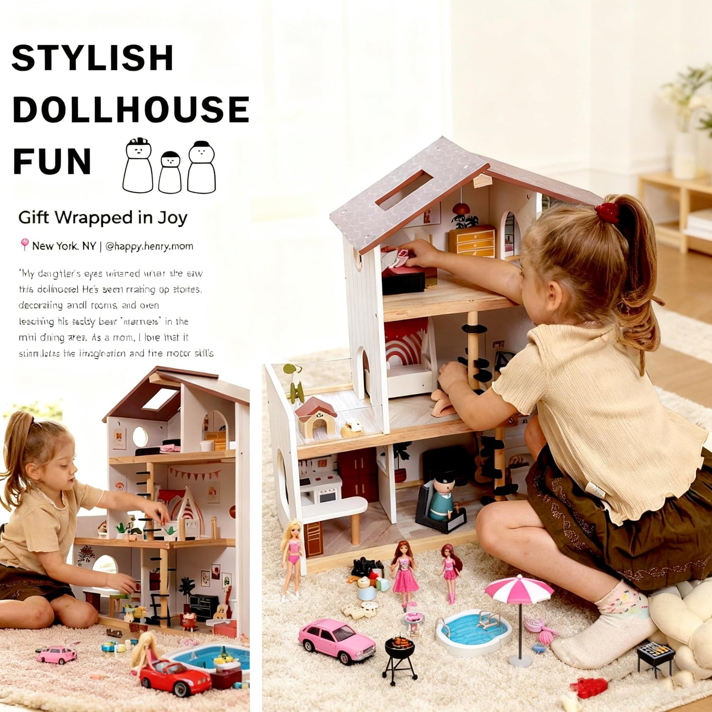 ZippyZebra Wooden Doll House – 6 Rooms, 53-Piece Furniture, Spiral Staircase & Balcony