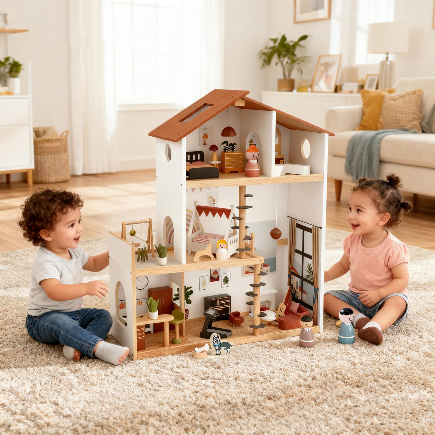 ZippyZebra Wooden Doll House – 6 Rooms, 53-Piece Furniture, Spiral Staircase & Balcony