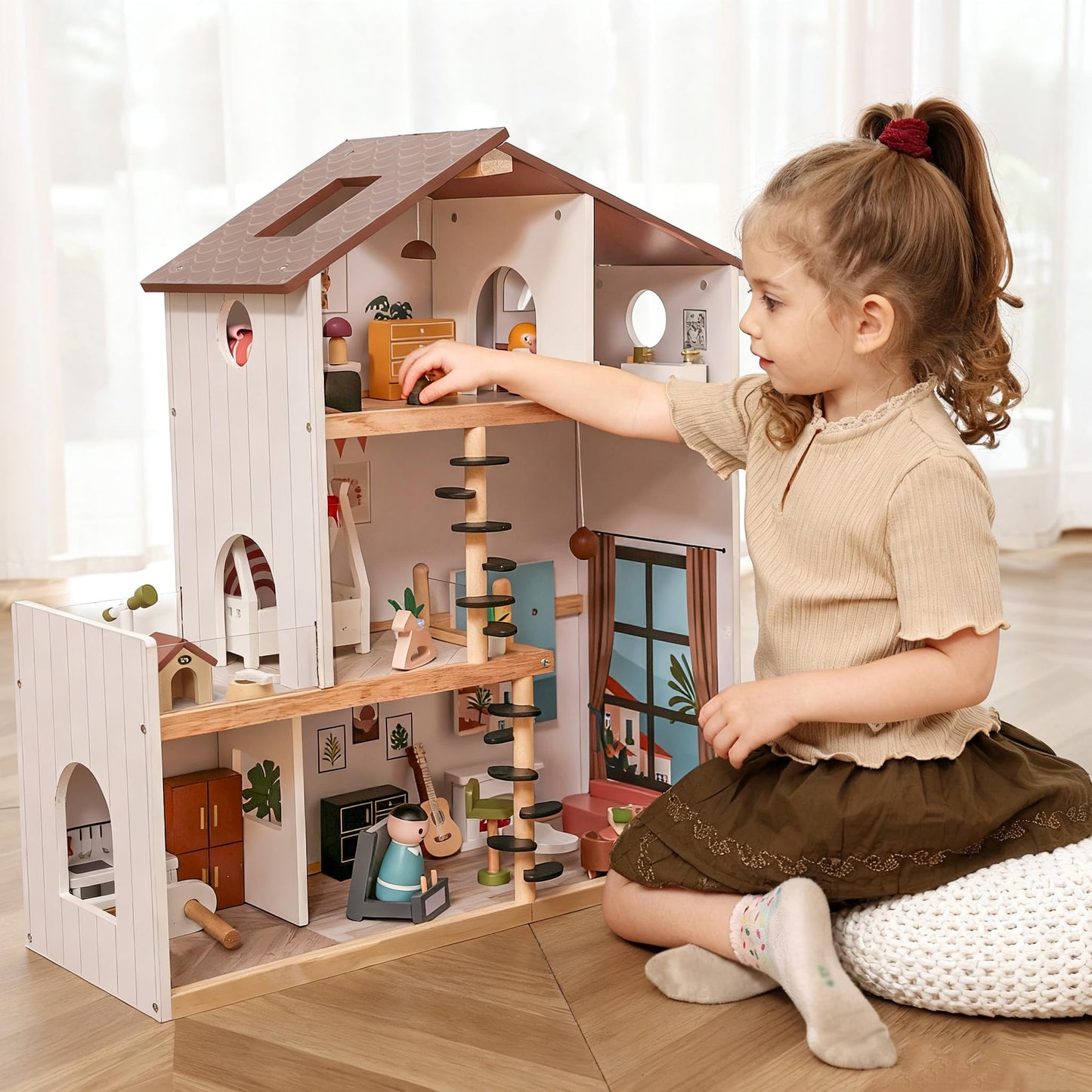 ZippyZebra Wooden Doll House – 6 Rooms, 53-Piece Furniture, Spiral Staircase & Balcony
