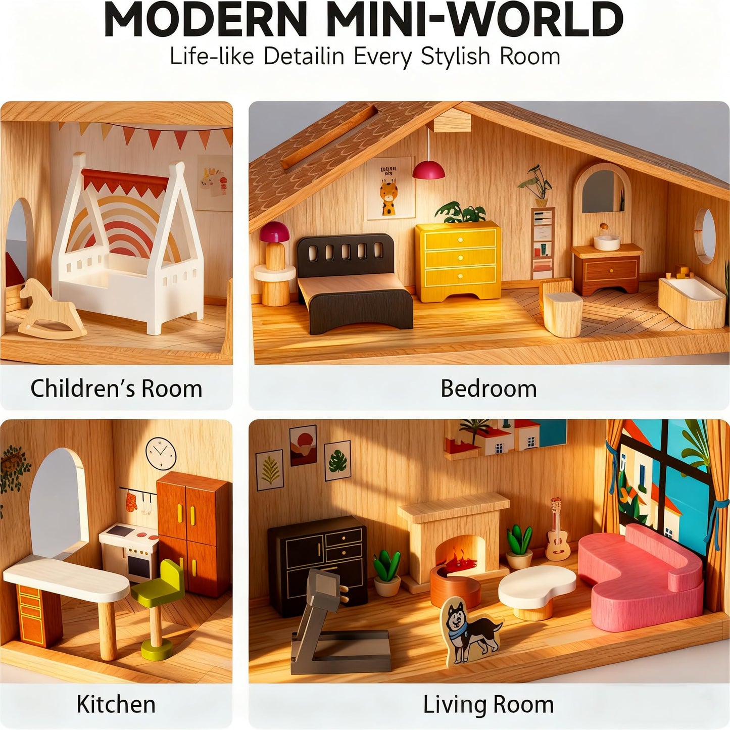 ZippyZebra Wooden Doll House – 6 Rooms, 53-Piece Furniture, Spiral Staircase & Balcony