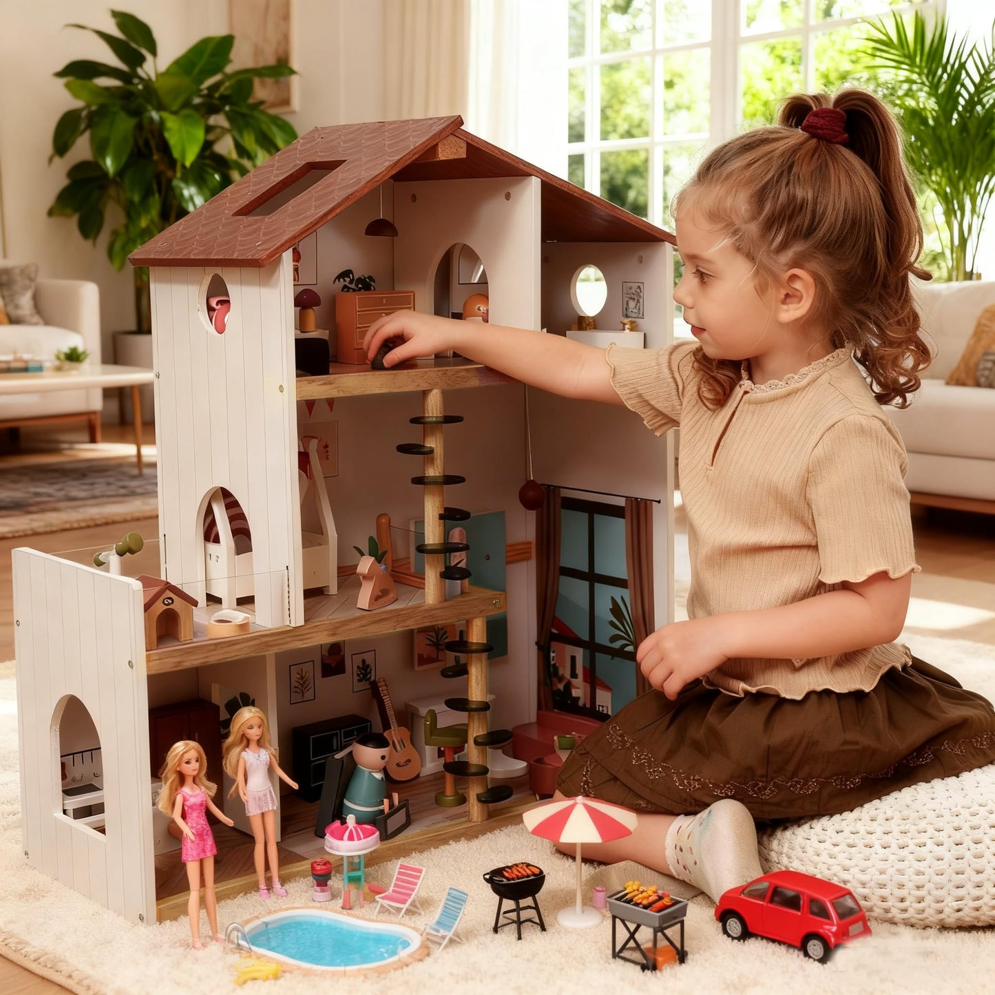 ZippyZebra Wooden Doll House – 6 Rooms, 53-Piece Furniture, Spiral Staircase & Balcony