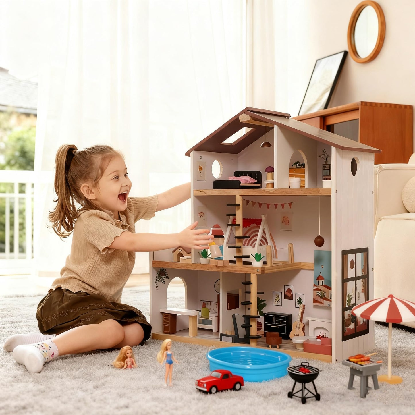 ZippyZebra Wooden Doll House – 6 Rooms, 53-Piece Furniture, Spiral Staircase & Balcony