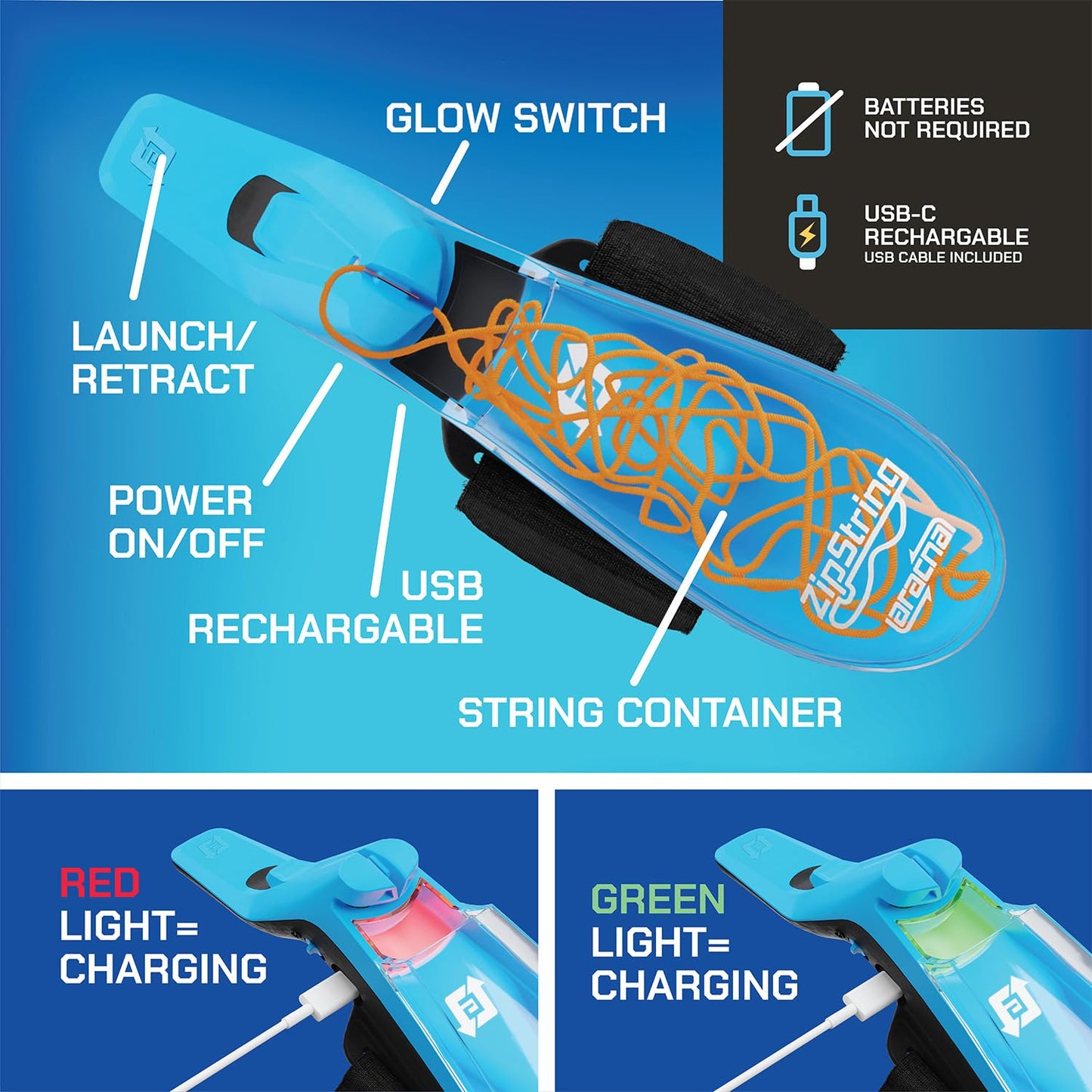 ZipString Aracna Glow-in-the-Dark Webshooter – Durable, Reloading Superhero String Launcher