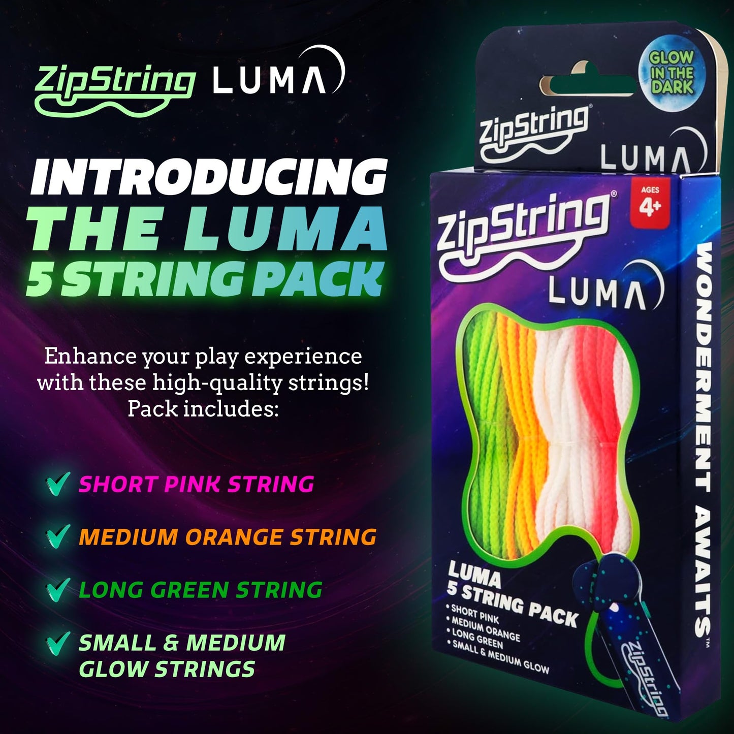ZipString Luma Replacement Strings – 5-Pack UV Glow Rope Launcher Strings (Glow-in-the-Dark)