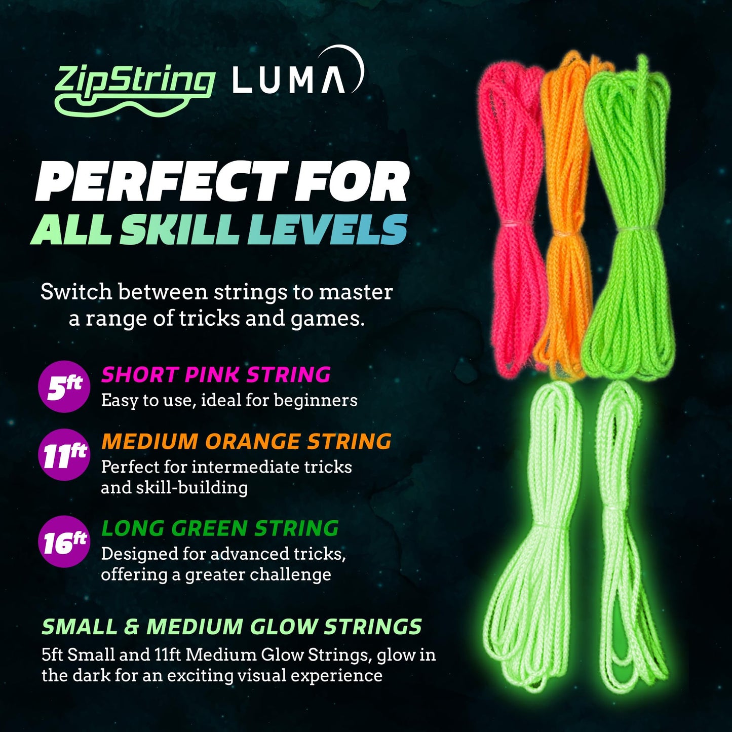 ZipString Luma Replacement Strings – 5-Pack UV Glow Rope Launcher Strings (Glow-in-the-Dark)