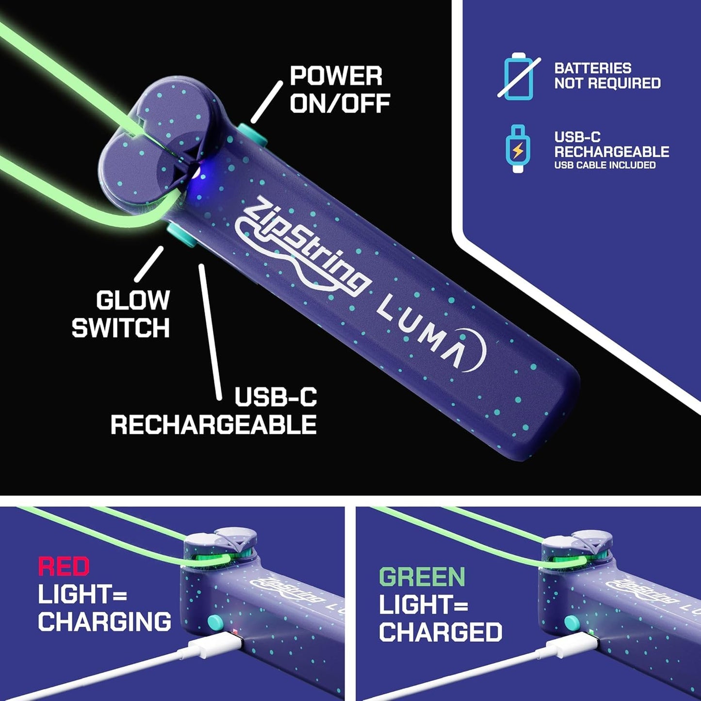 ZipString Luma: Glow-in-The-Dark String Toy with LED, USB-C Rechargeable