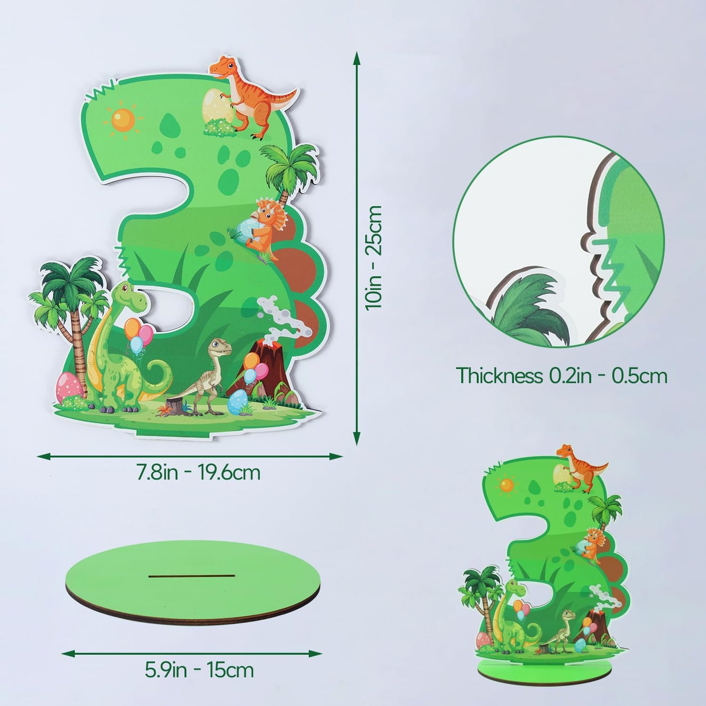 ZiQilin Dinosaur 3rd Birthday Number Sign Centerpiece – Green Theme