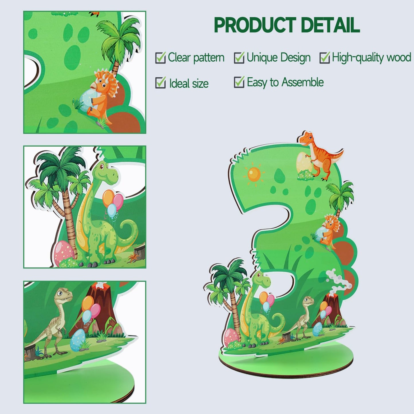 ZiQilin Dinosaur 3rd Birthday Number Sign Centerpiece – Green Theme