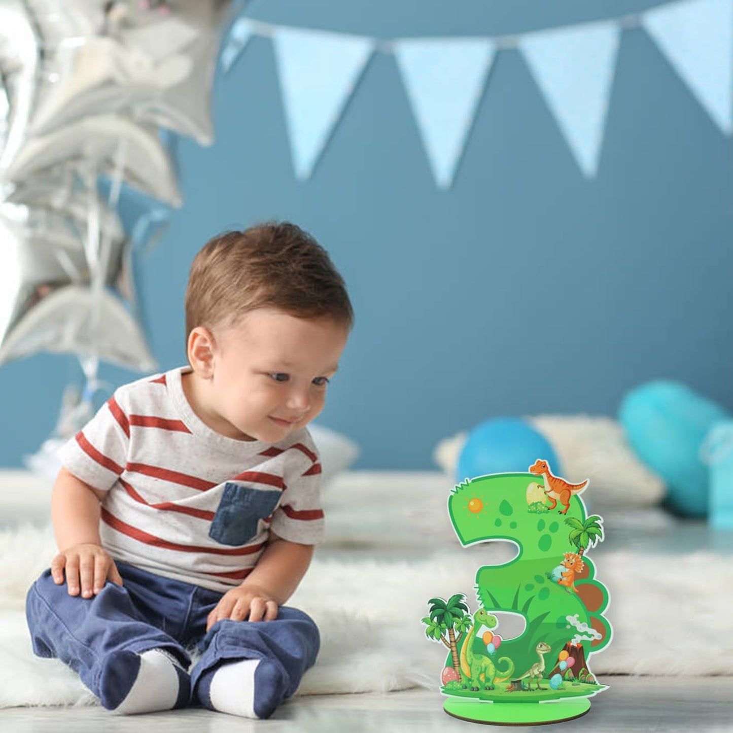 ZiQilin Dinosaur 3rd Birthday Number Sign Centerpiece – Green Theme