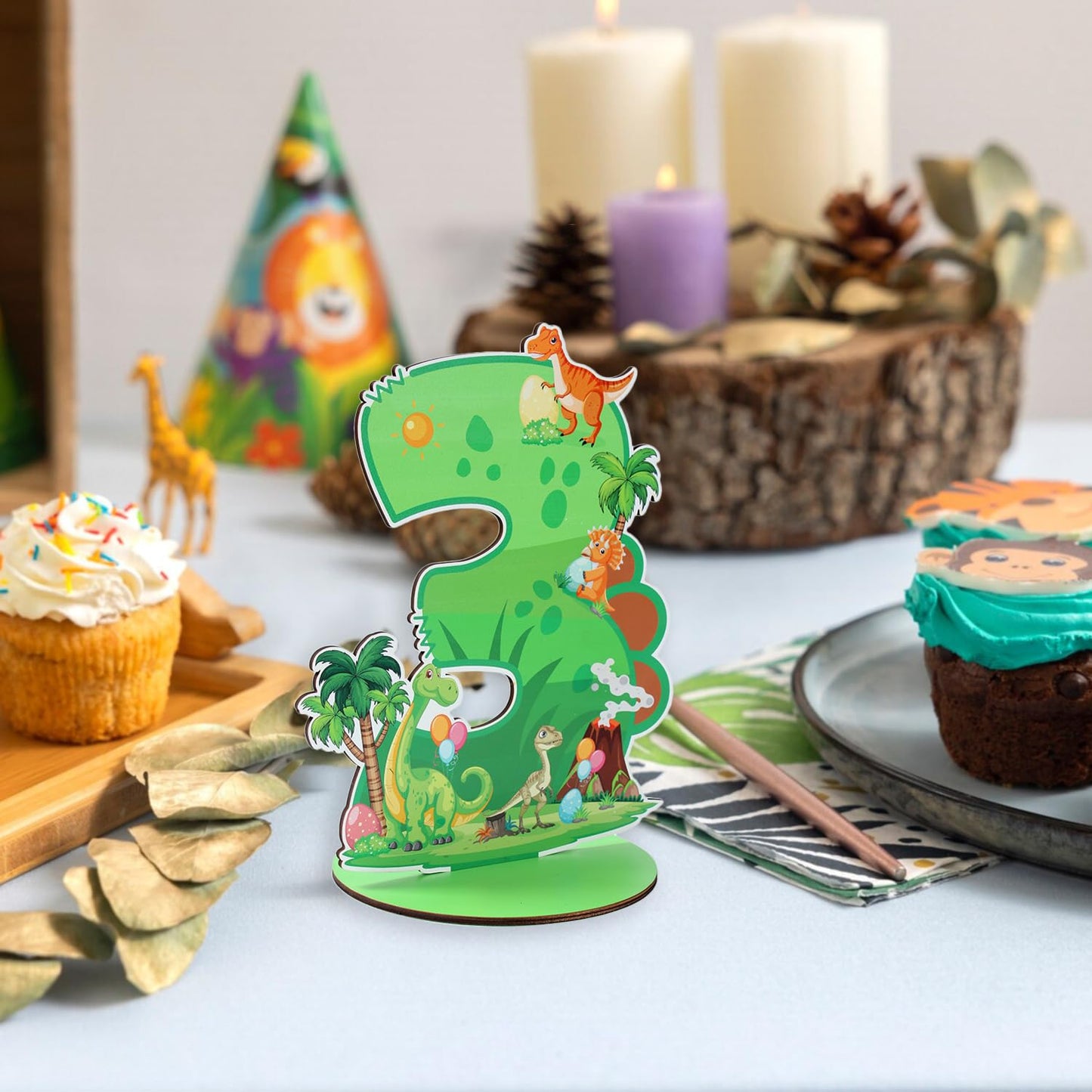 ZiQilin Dinosaur 3rd Birthday Number Sign Centerpiece – Green Theme