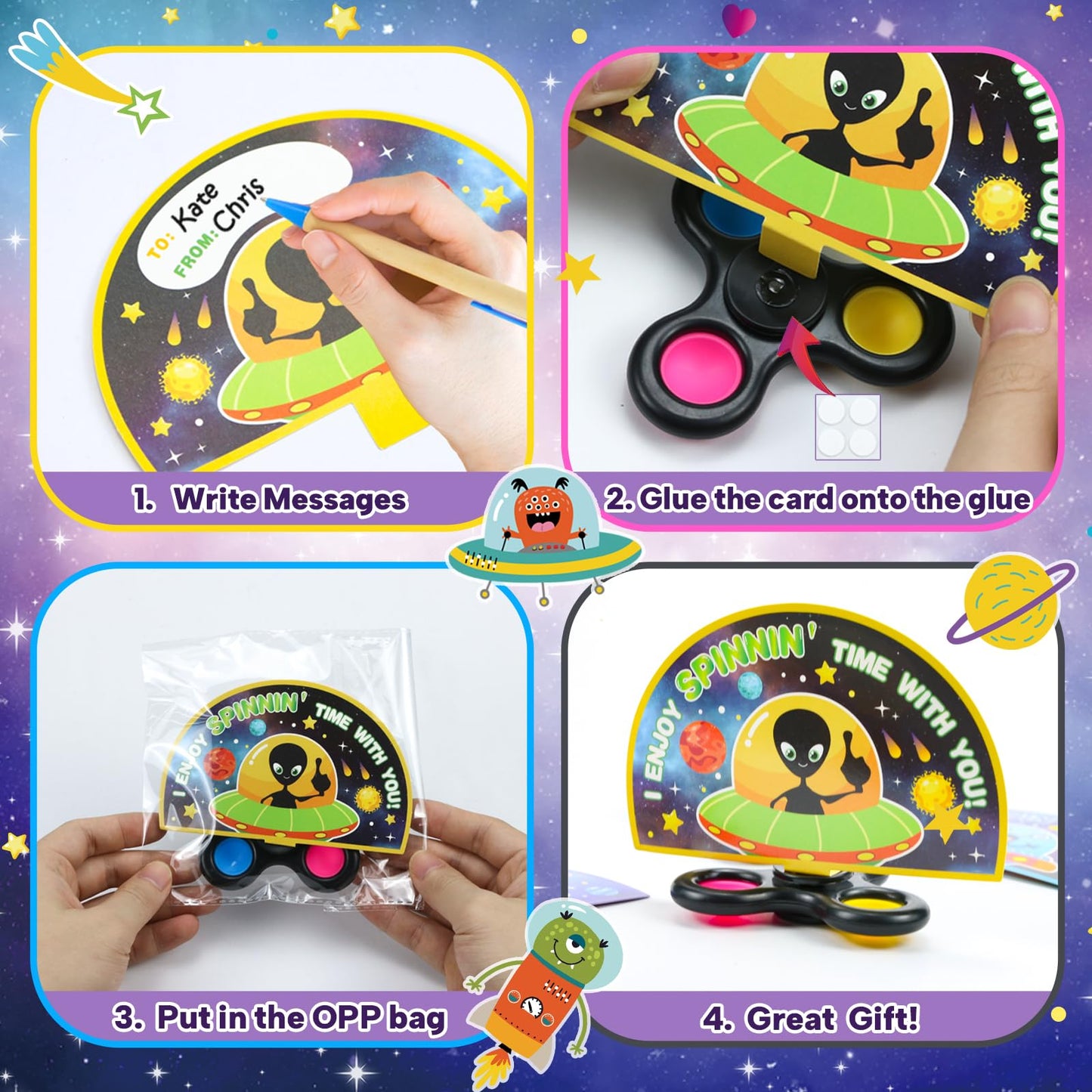 ZIRSENG 28-Pack Valentines Spinner Set with Alien Cards – Classroom Gifts