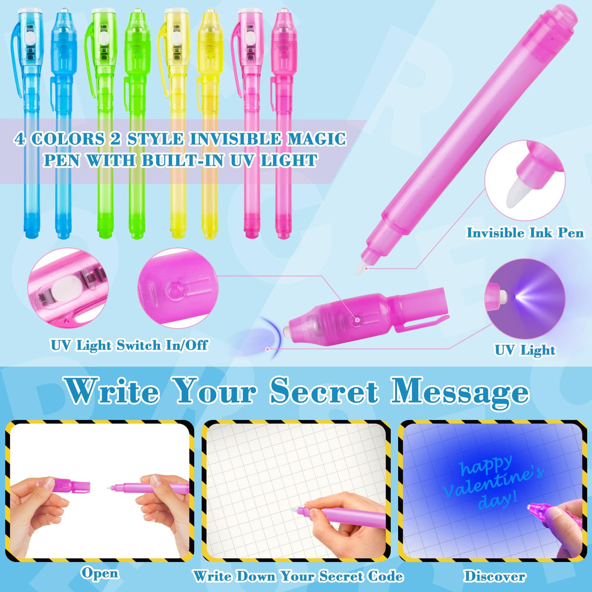 ZIRSENG 24-Pack Valentines Invisi-ble Ink Pens with Cards & Bags – Spy Theme Classroom Gifts