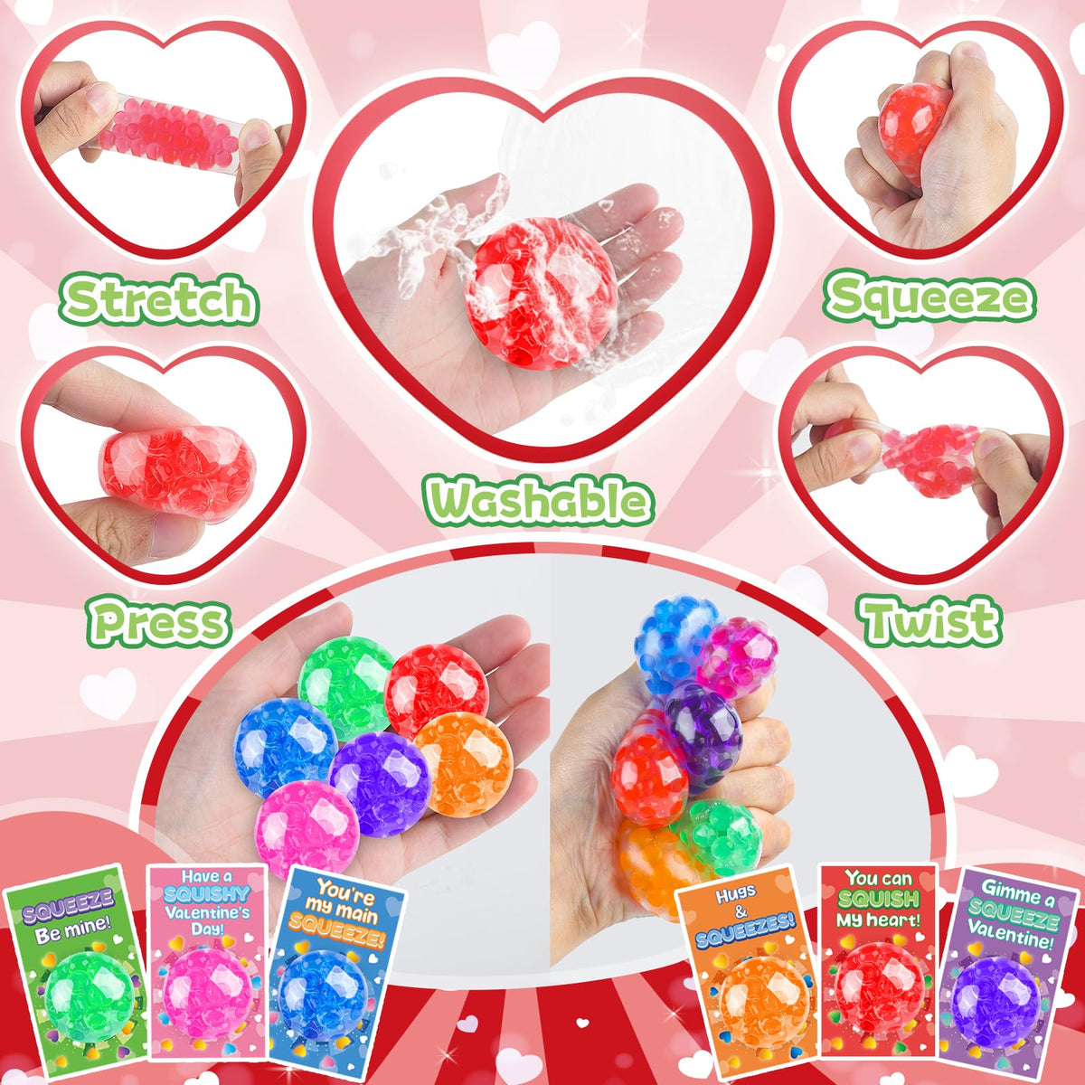 ZIRSENG 30-Pack Valentines Day Stress Balls & Card Gift Set for Classrooms