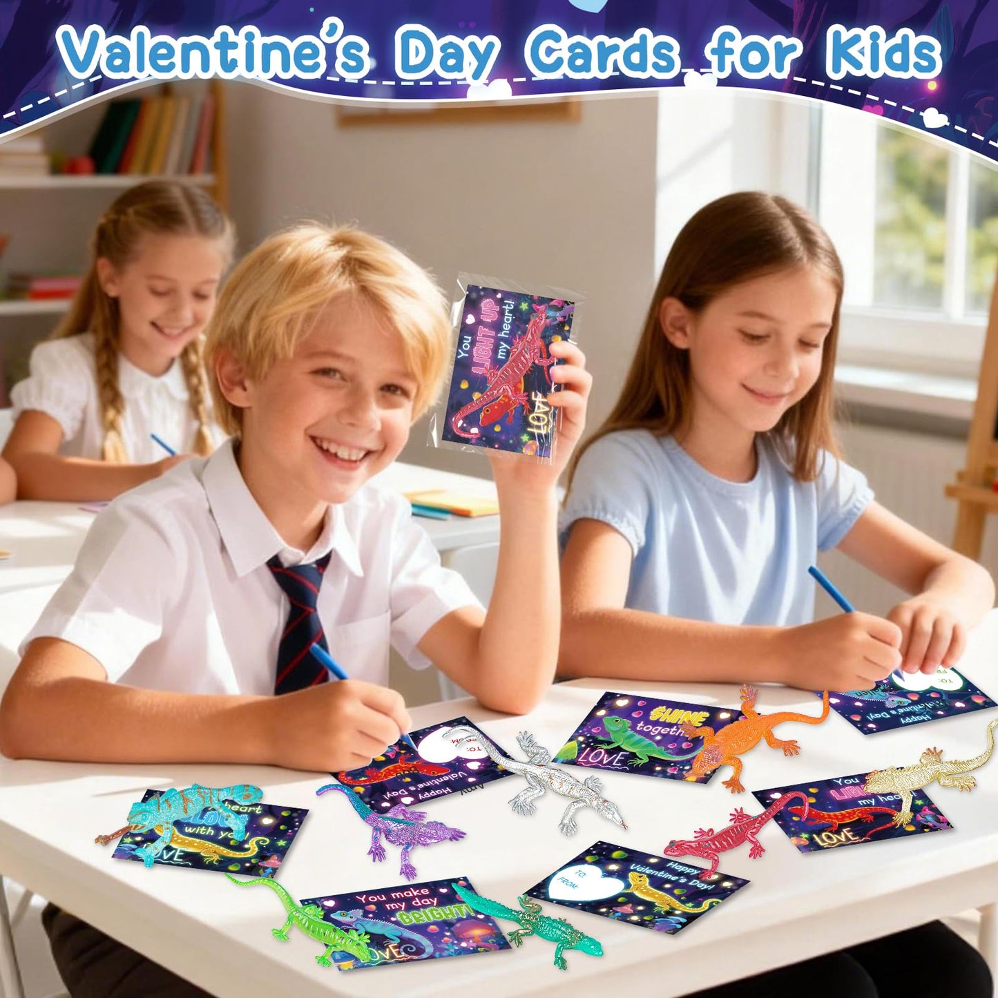 ZIRSENG 24 Pack Glow-in-the-Dark Lizards — Valentines Cards & Classroom Gifts