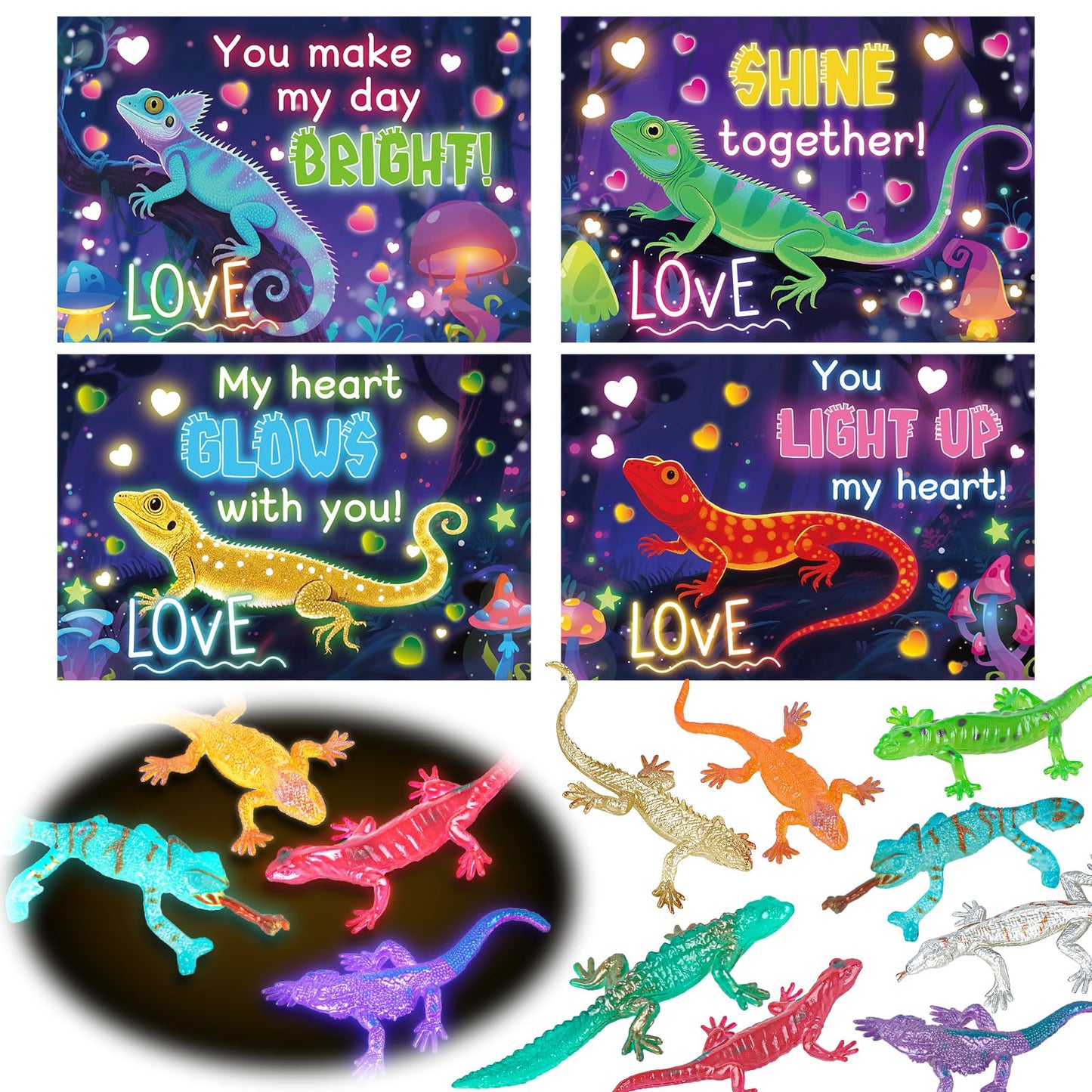 ZIRSENG 24 Pack Glow-in-the-Dark Lizards — Valentines Cards & Classroom Gifts