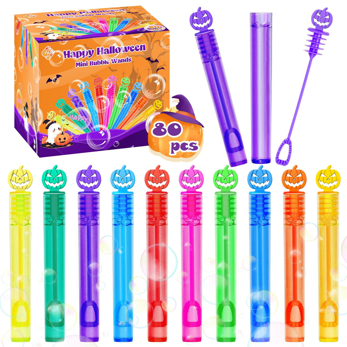 ZIRSENG 80 Piece Halloween Bubble Wands Bulk — Safe Colorful Party Favors for Kids