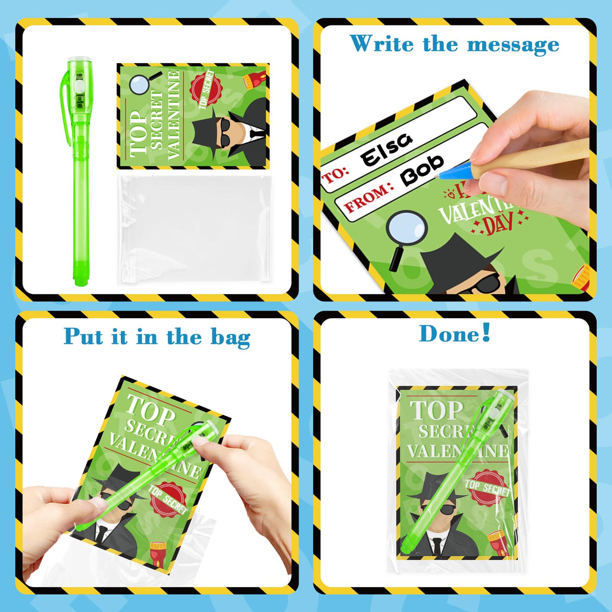 ZIRSENG 24-Pack Valentines Invisi-ble Ink Pens with Cards & Bags – Spy Theme Classroom Gifts