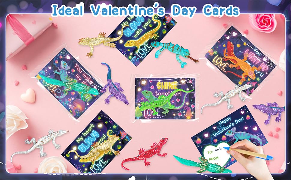 ZIRSENG 24 Pack Glow-in-the-Dark Lizards — Valentines Cards & Classroom Gifts