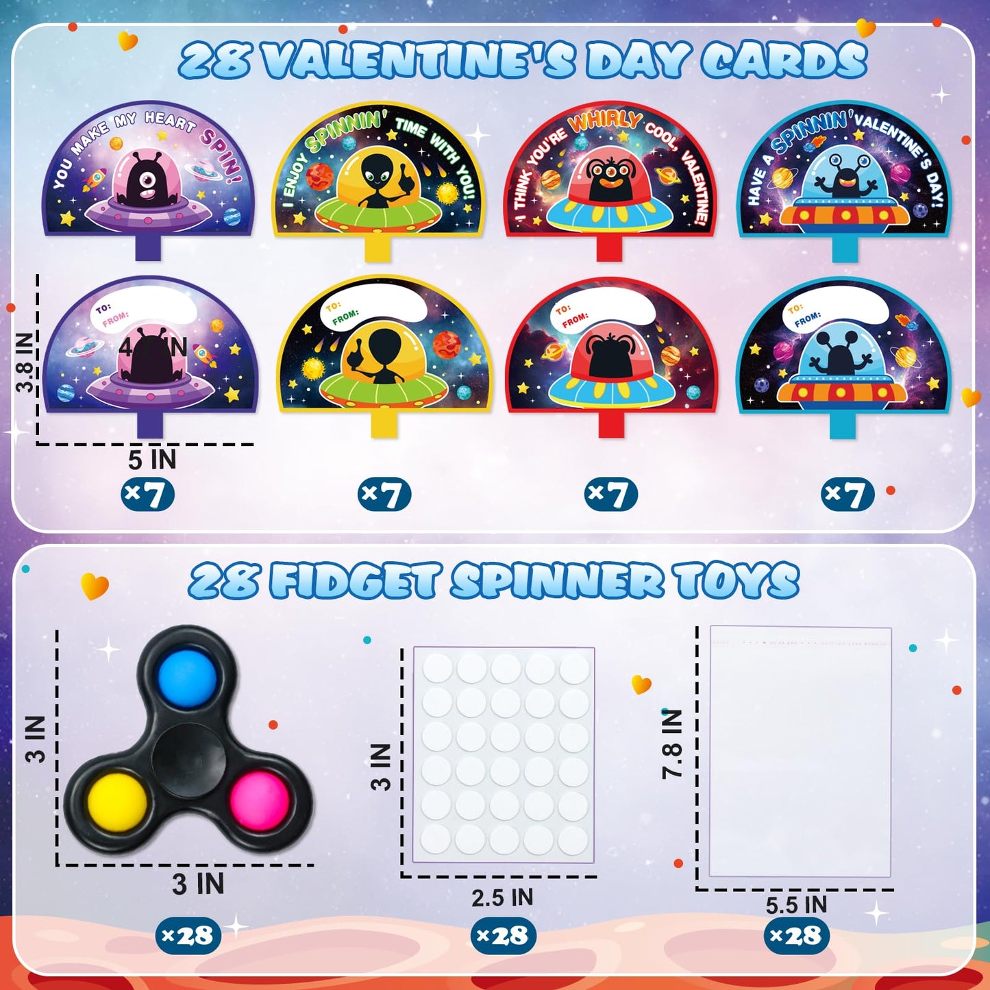 ZIRSENG 28-Pack Valentines Spinner Set with Alien Cards – Classroom Gifts