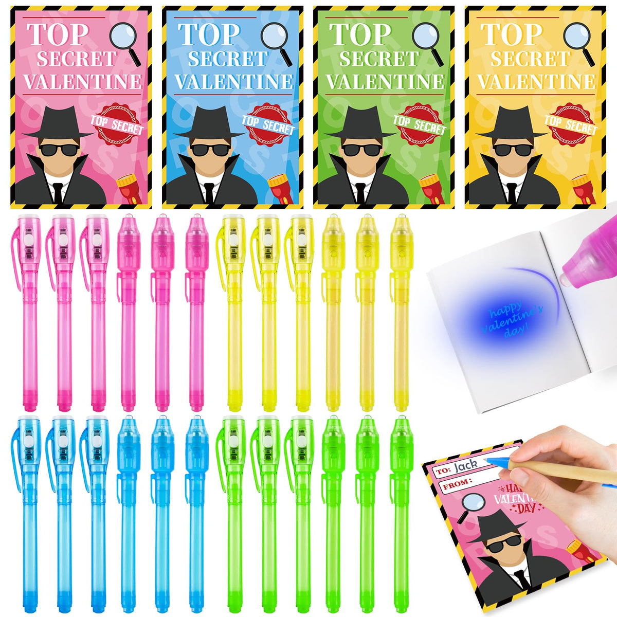 ZIRSENG 24-Pack Valentines Invisi-ble Ink Pens with Cards & Bags – Spy Theme Classroom Gifts