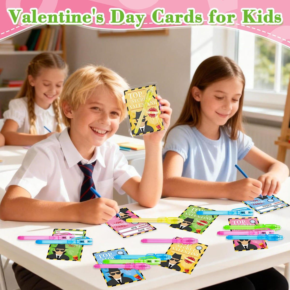 ZIRSENG 24-Pack Valentines Invisi-ble Ink Pens with Cards & Bags – Spy Theme Classroom Gifts