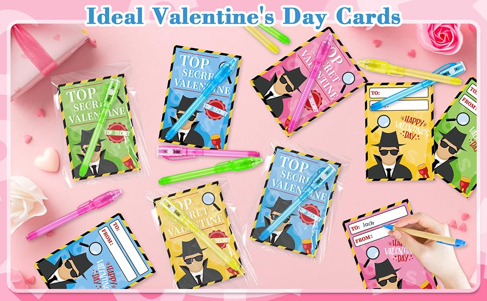 ZIRSENG 24-Pack Valentines Invisi-ble Ink Pens with Cards & Bags – Spy Theme Classroom Gifts