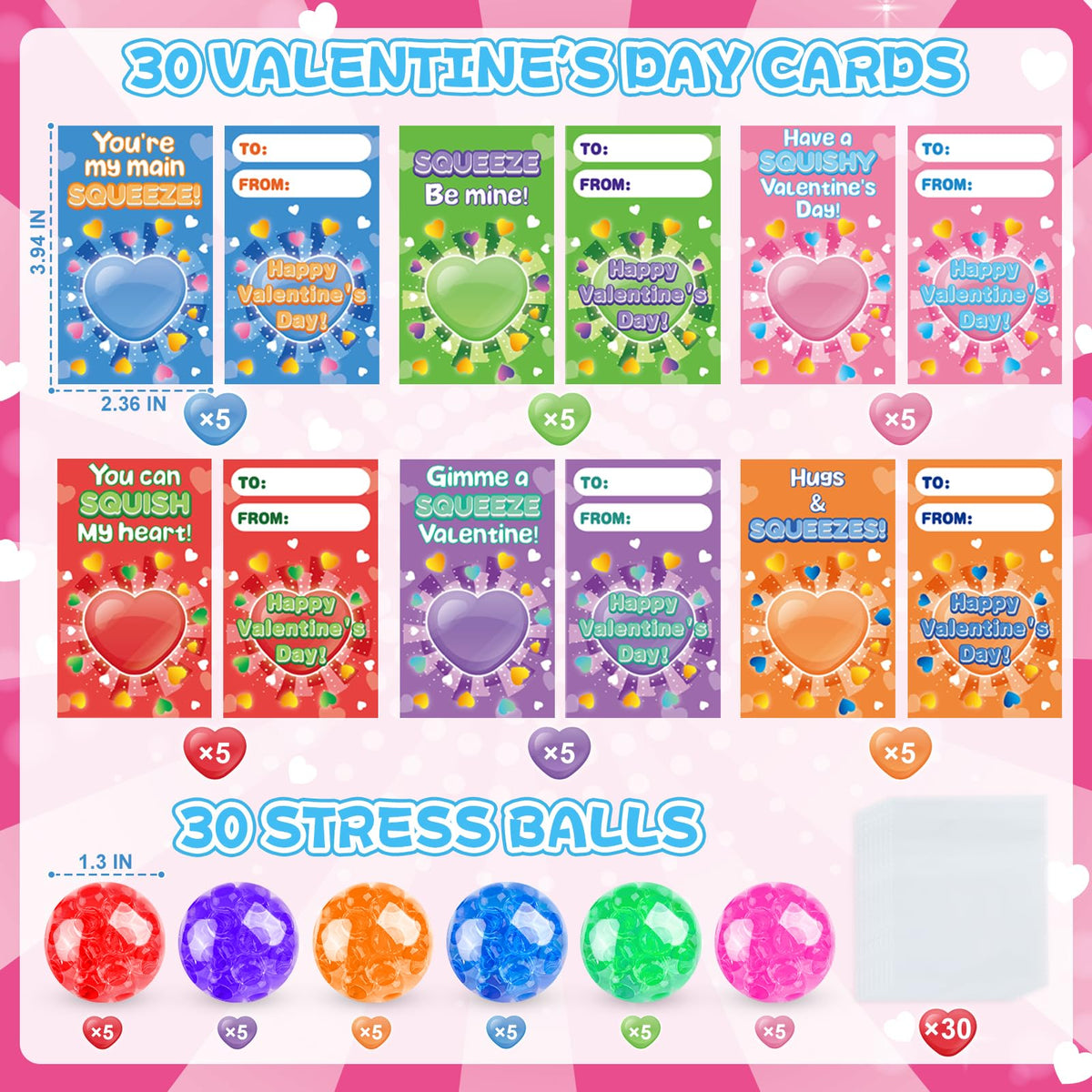 ZIRSENG 30-Pack Valentines Day Stress Balls & Card Gift Set for Classrooms