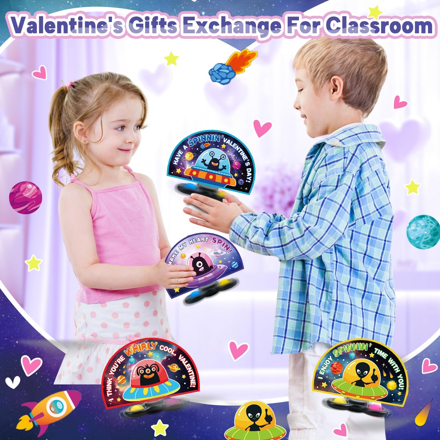ZIRSENG 28-Pack Valentines Spinner Set with Alien Cards – Classroom Gifts