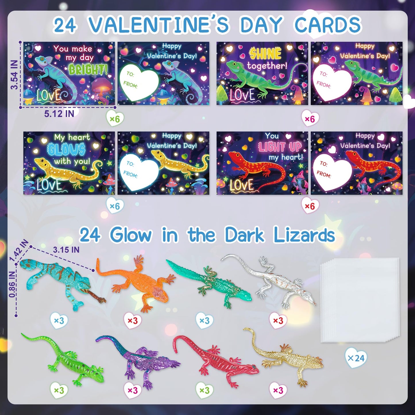 ZIRSENG 24 Pack Glow-in-the-Dark Lizards — Valentines Cards & Classroom Gifts