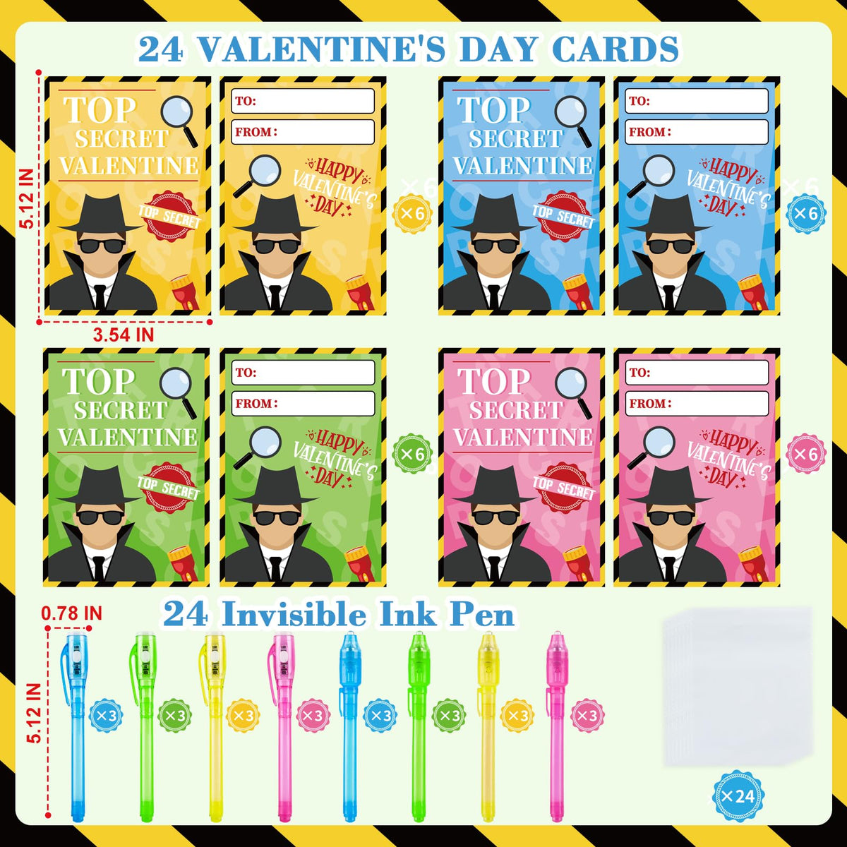 ZIRSENG 24-Pack Valentines Invisi-ble Ink Pens with Cards & Bags – Spy Theme Classroom Gifts