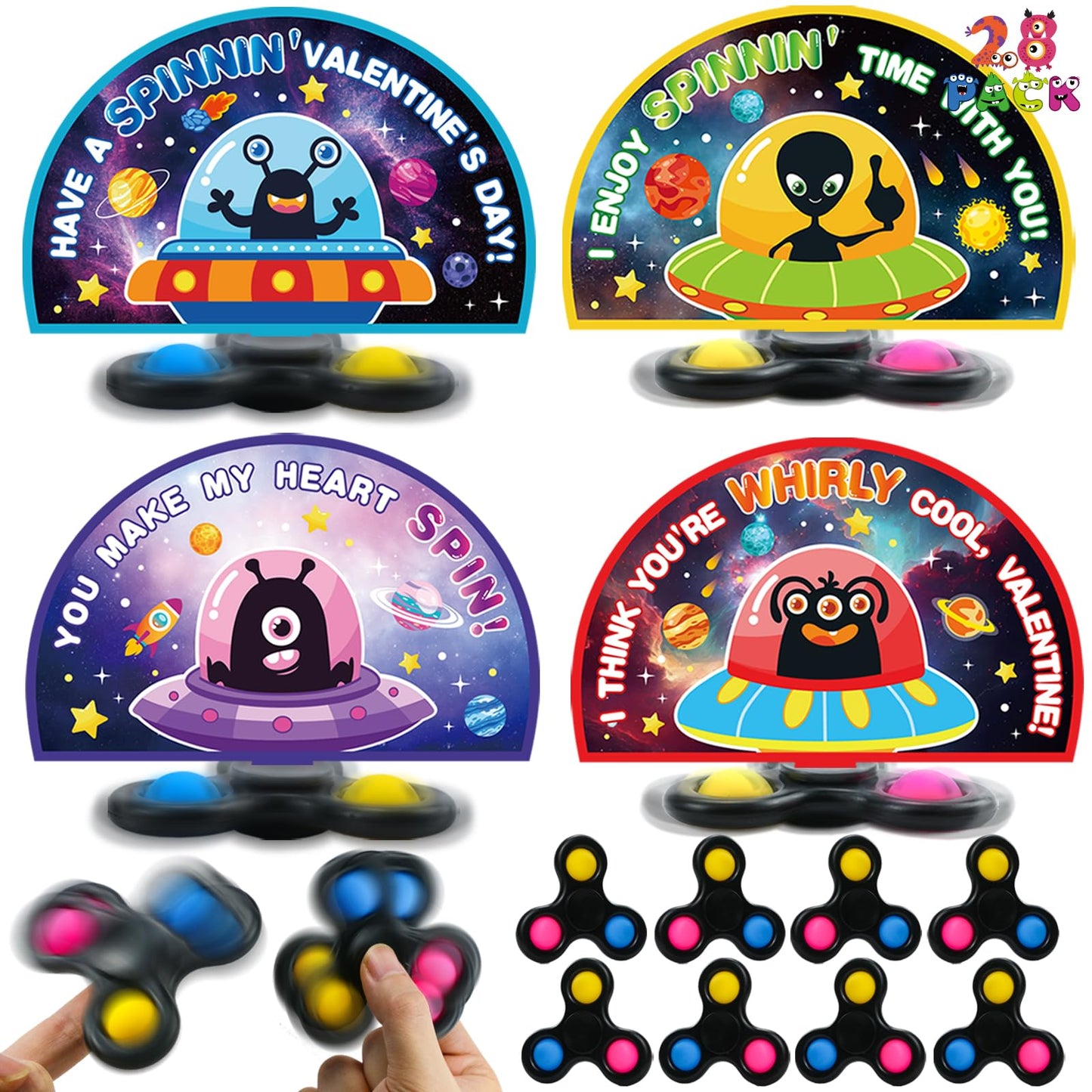 ZIRSENG 28-Pack Valentines Spinner Set with Alien Cards – Classroom Gifts