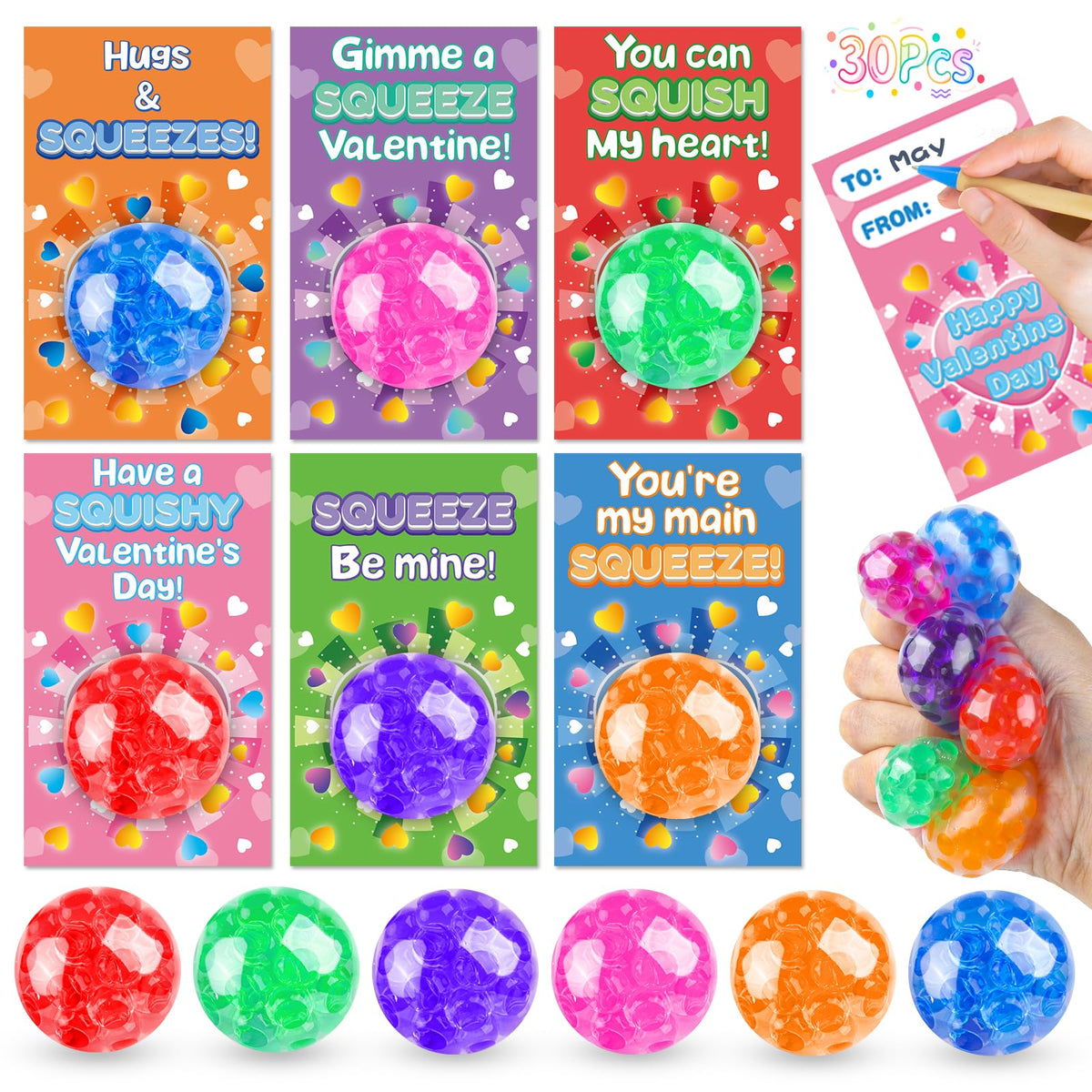 ZIRSENG 30-Pack Valentines Day Stress Balls & Card Gift Set for Classrooms